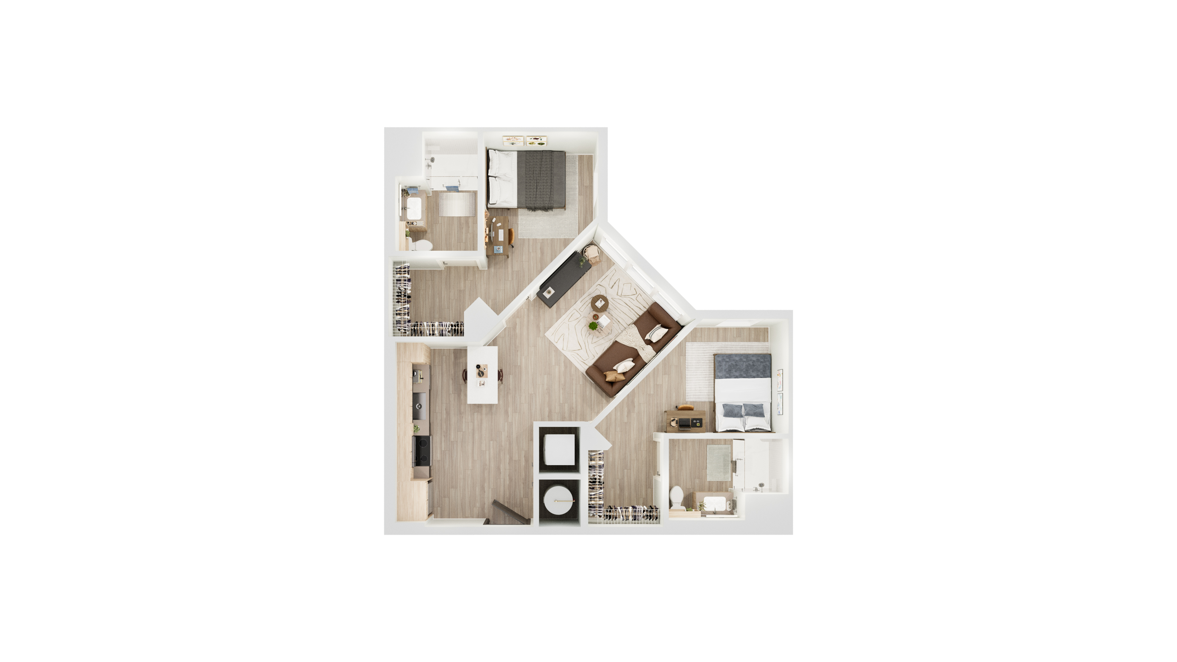 Chic floor plan featuring 2 cozy bedrooms, spacious open-plan living area, stylish kitchen, and modern bathroom.