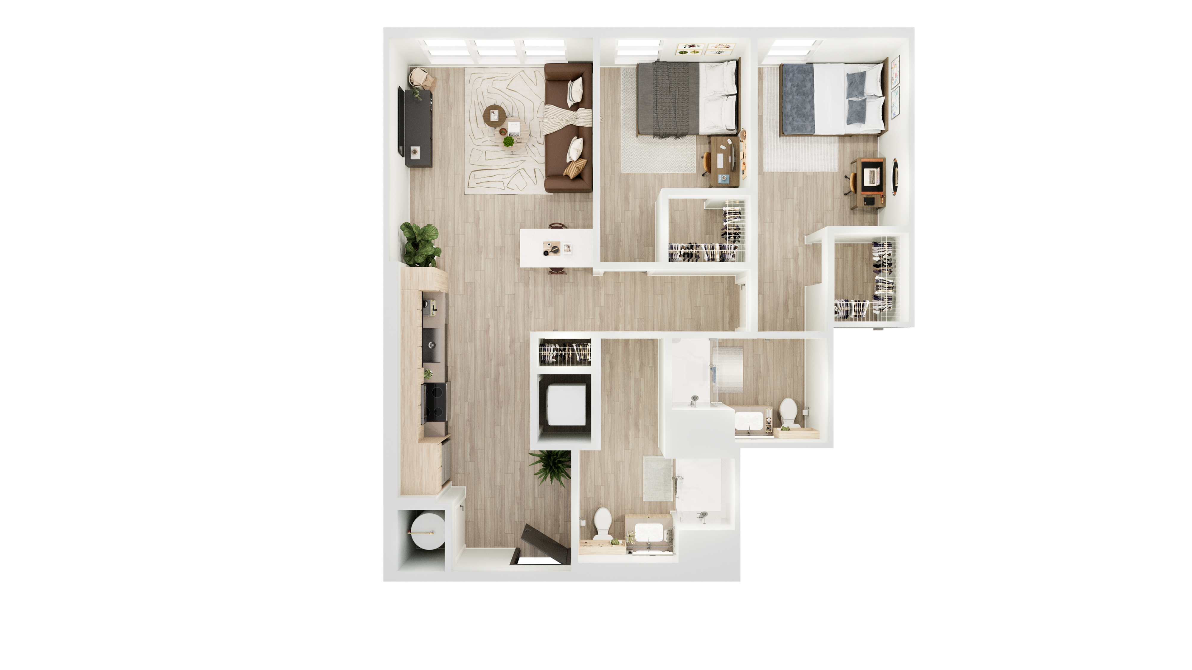 Modern 3D floor plan showcasing a two-bedroom apartment with a spacious open living area, contemporary kitchen, and two sleek bathrooms.