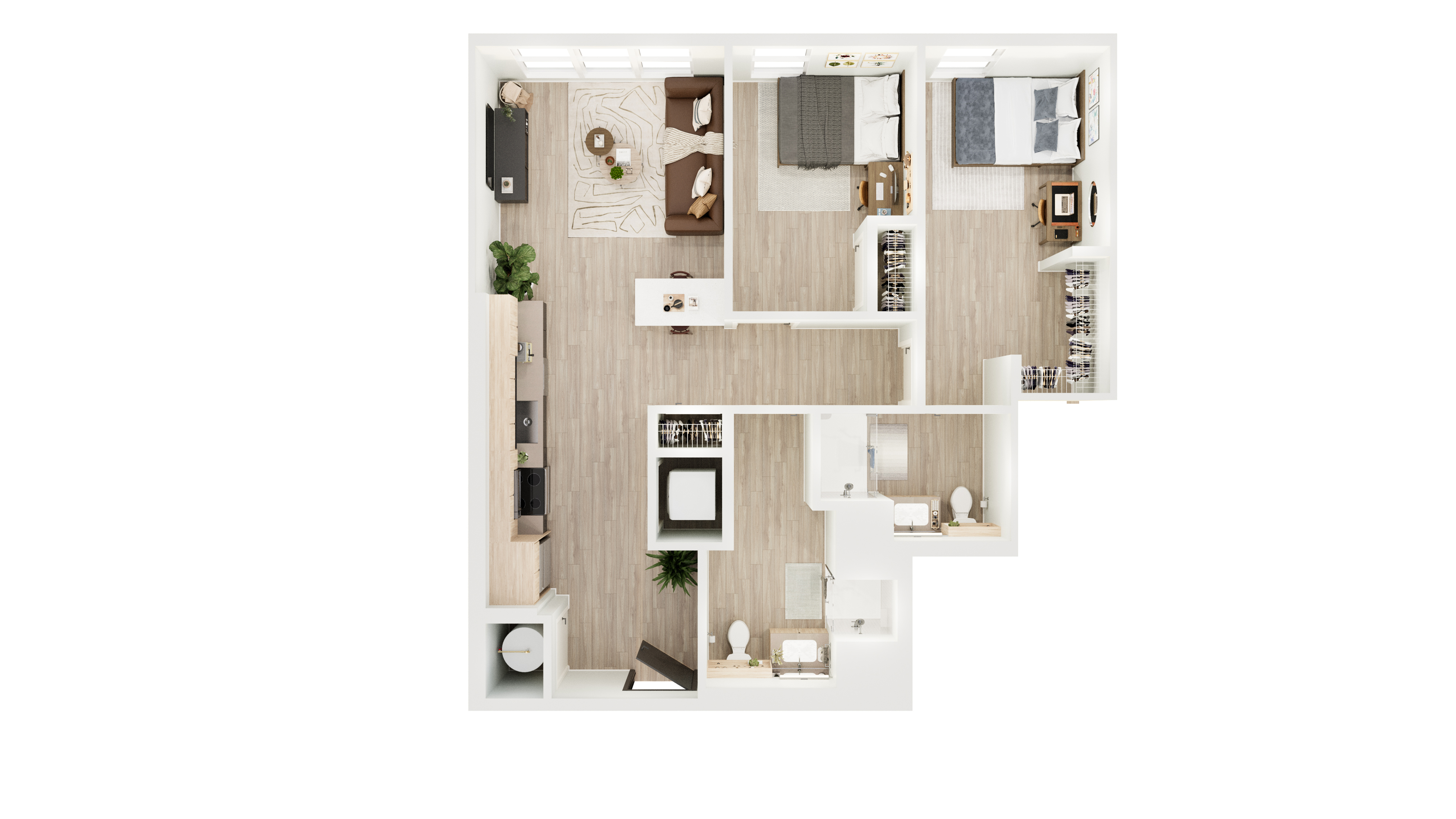 Modern 3D floor plan showcasing 2 bedrooms, 2 bathrooms, and an open-concept living area with a stylish kitchen and cozy living space.