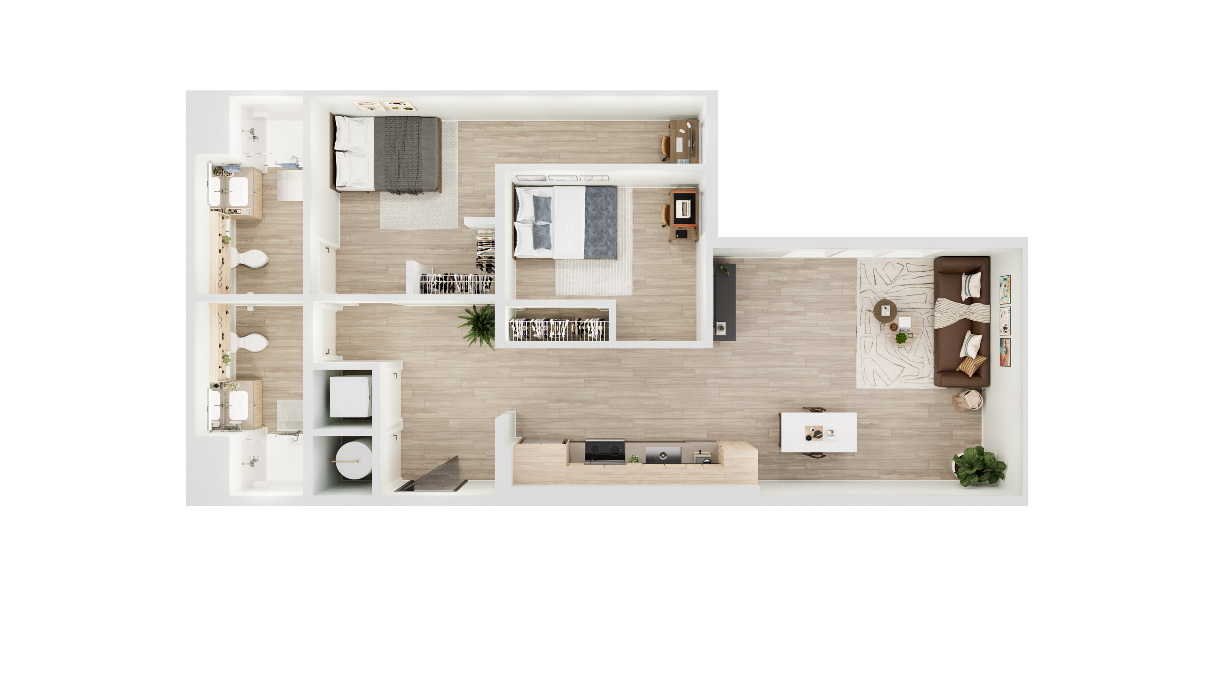 Modern 2D floor plan featuring a stylish 2-bedroom layout with two bathrooms, an open-concept kitchen, and a welcoming living area perfect for entertaining.