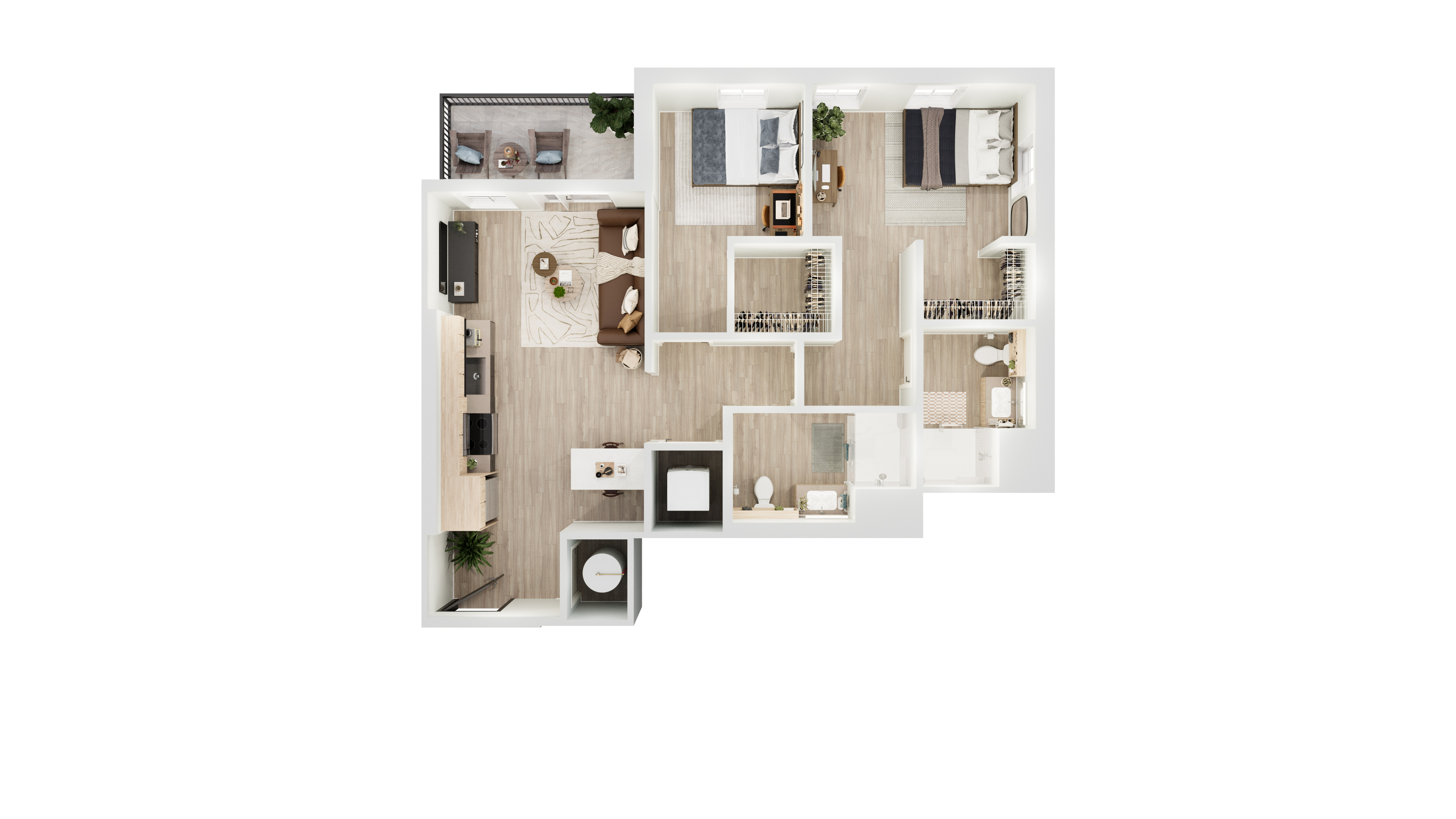 Modern floor plan showcasing 2 bedrooms, a cozy living area, sleek open kitchen, and a private balcony.