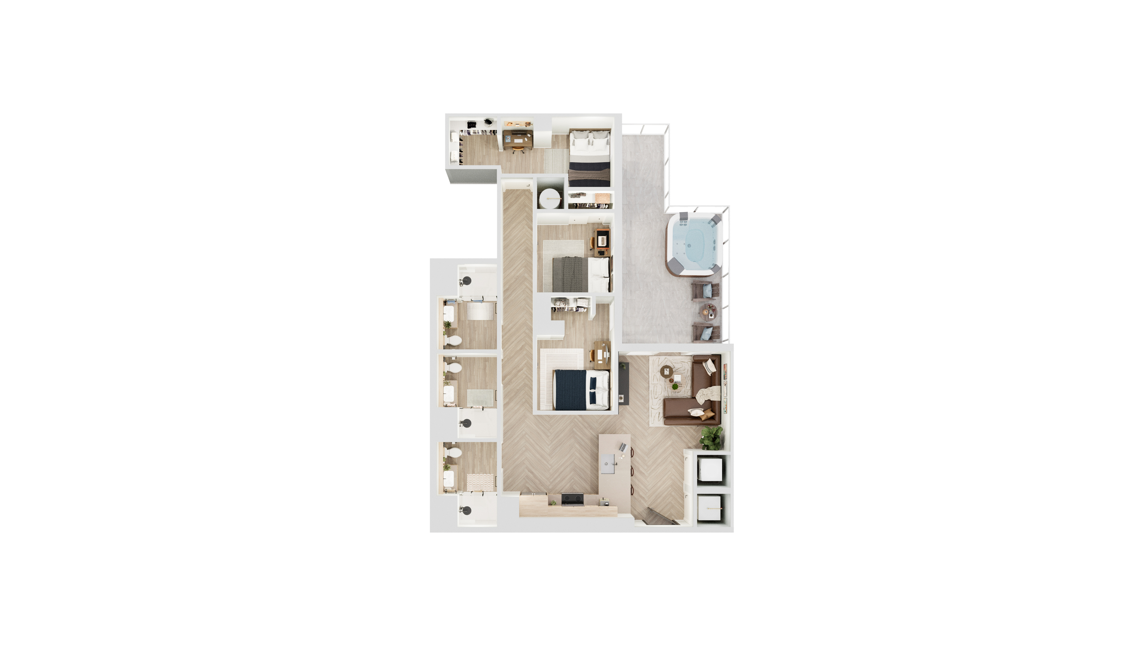 Elegant floor plan showcasing 3 bedrooms, a modern living room, stylish kitchen, and a private balcony with seating area.