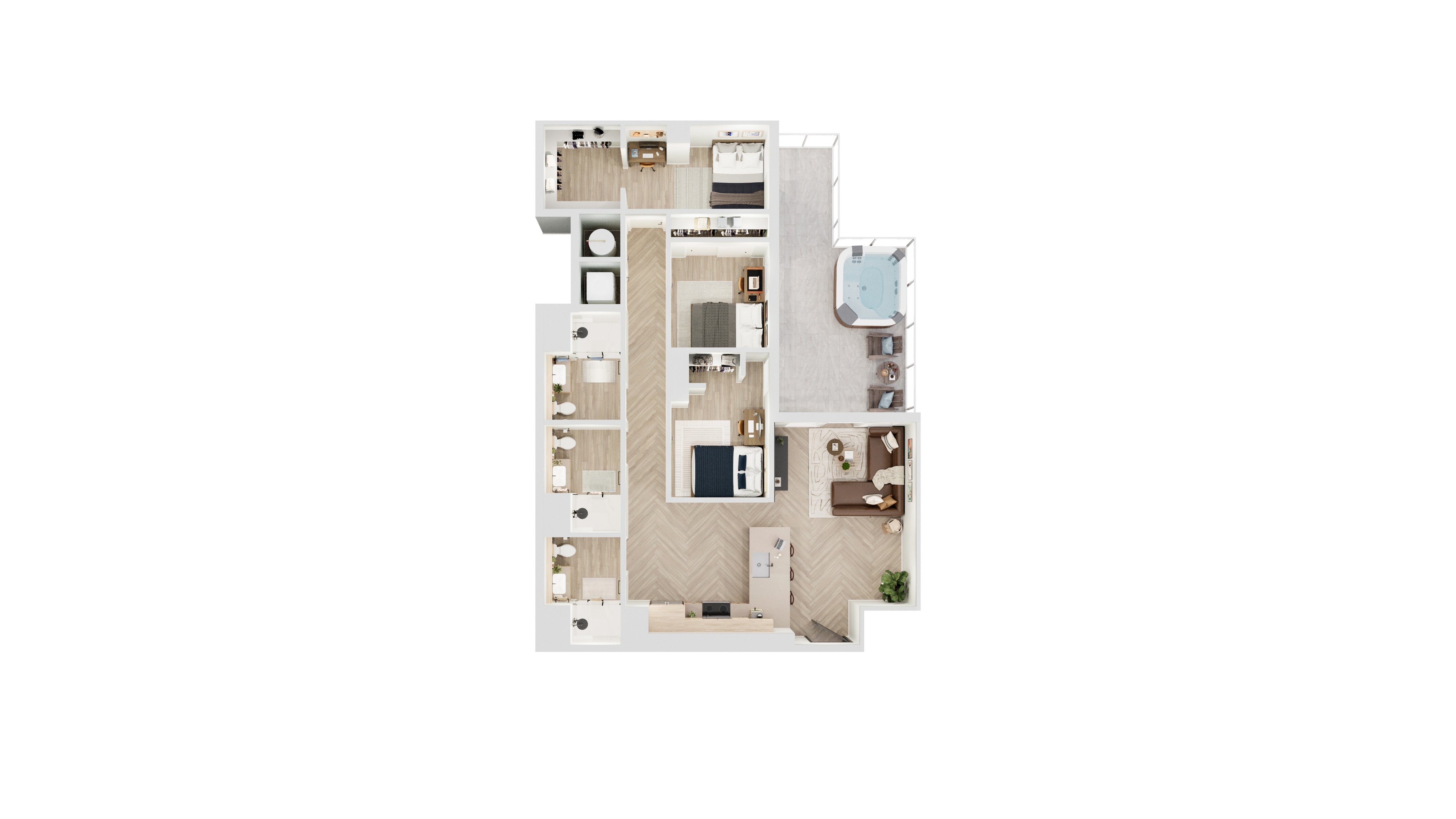 Modern 3D floor plan featuring three bedrooms, spacious living area, and a luxurious balcony with a hot tub.