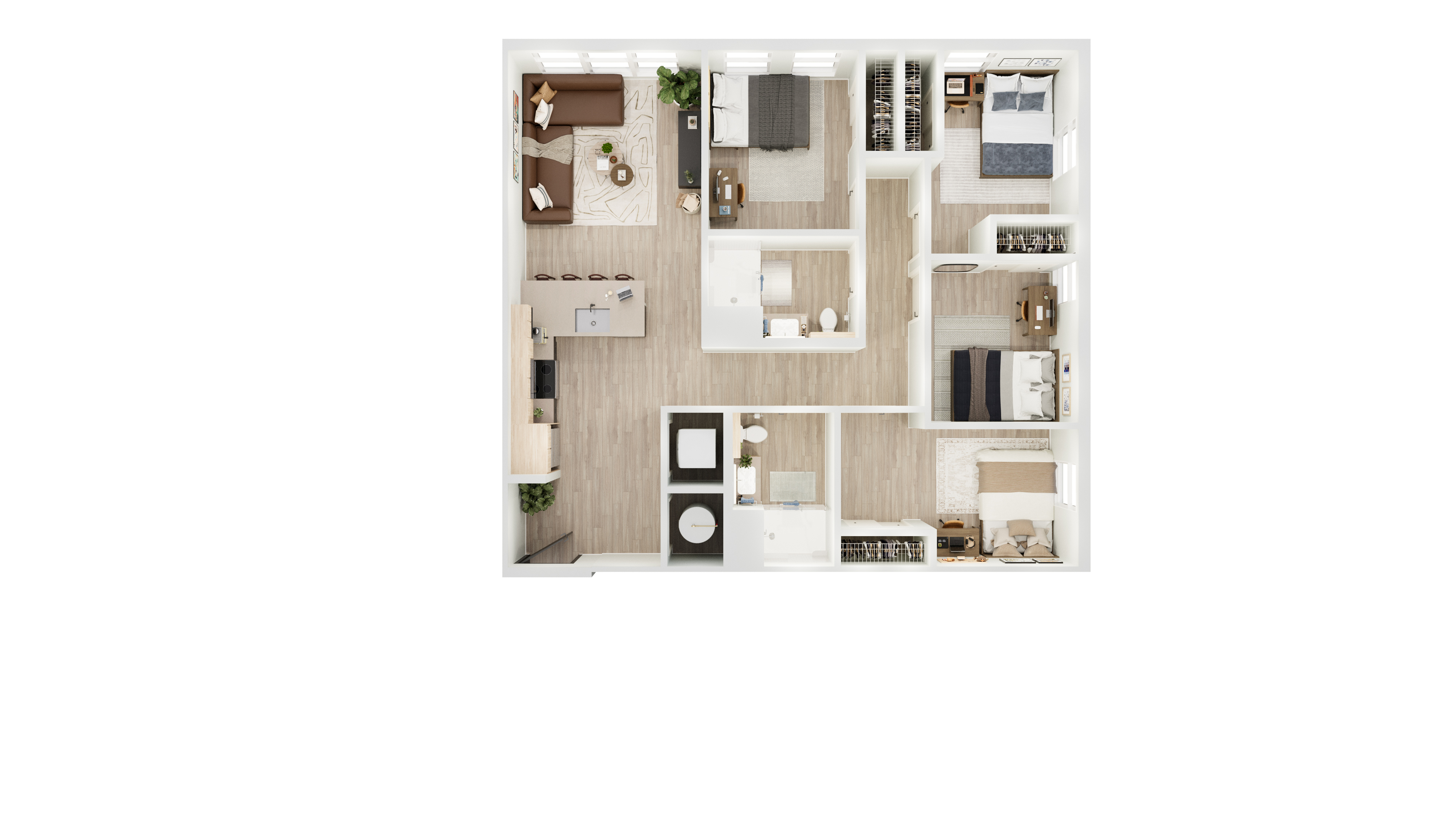 Modern 3D floor plan showcasing three spacious bedrooms, a stylish open kitchen, and a cozy living area with ample natural light.