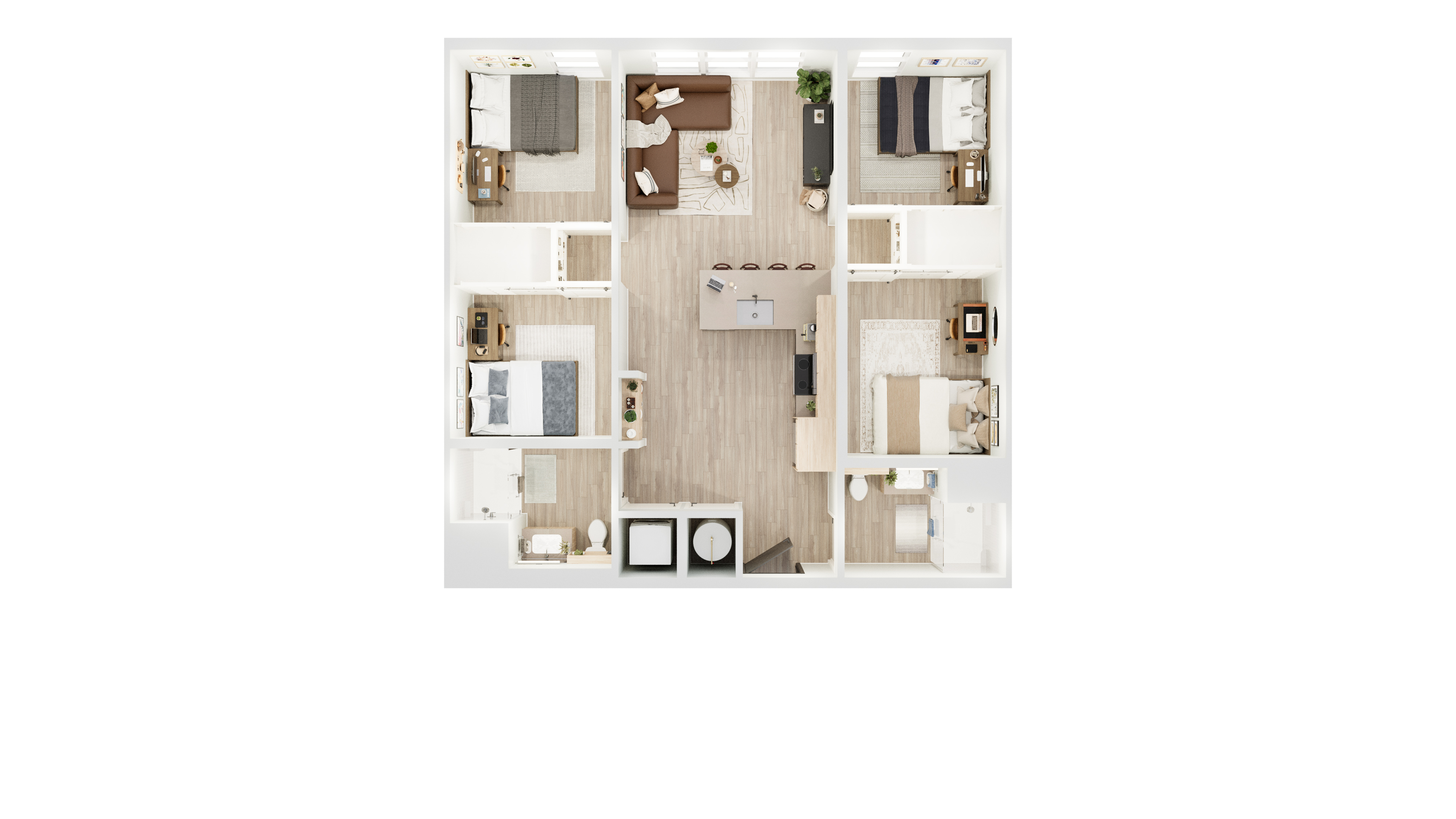 Modern apartment floor plan with 3 spacious bedrooms, open-concept living area, and a sleek kitchen design.