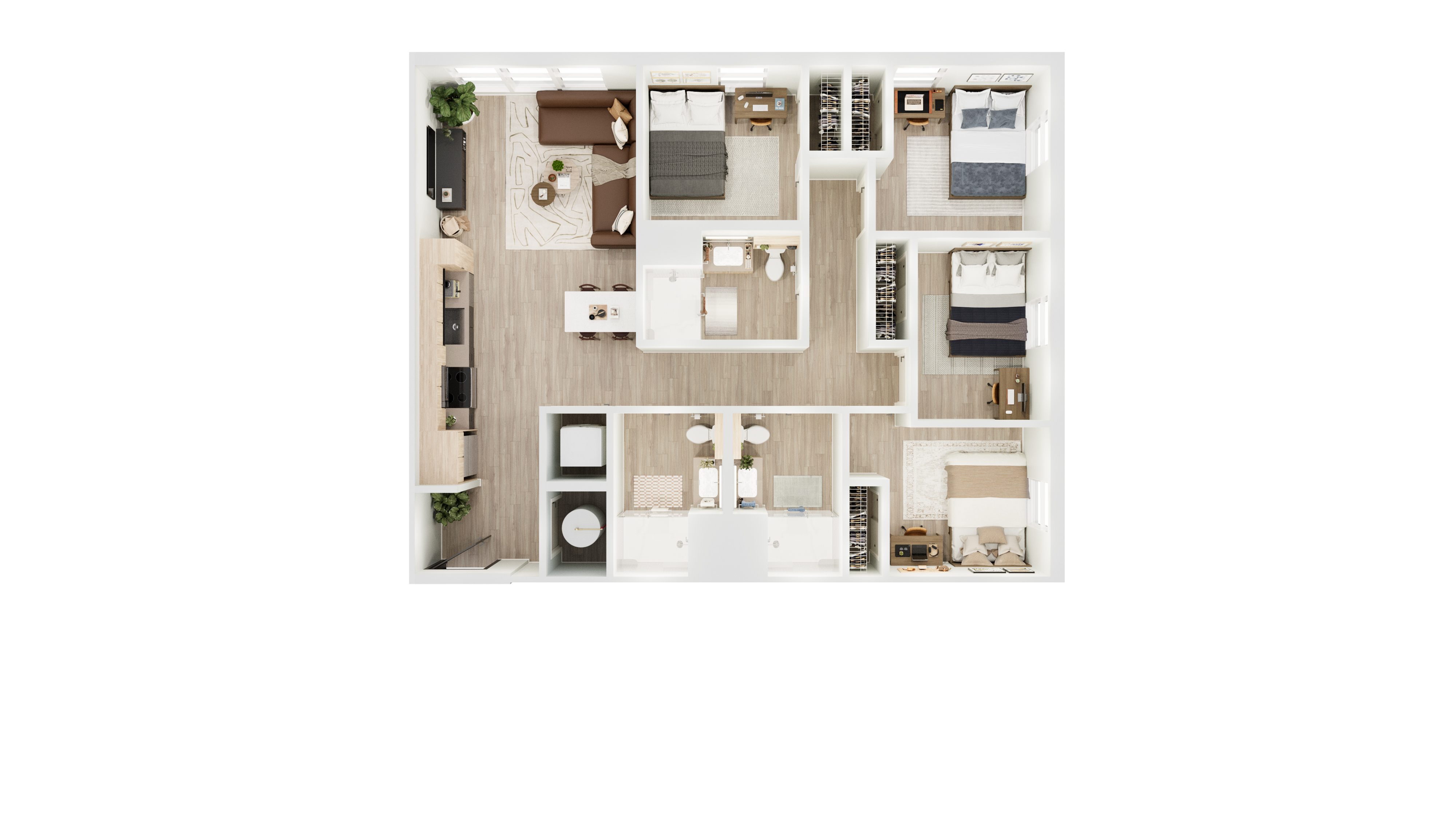 Elegant floor plan showcasing a well-designed apartment with four bedrooms, a modern kitchen, and cozy living area, perfect for comfortable living.