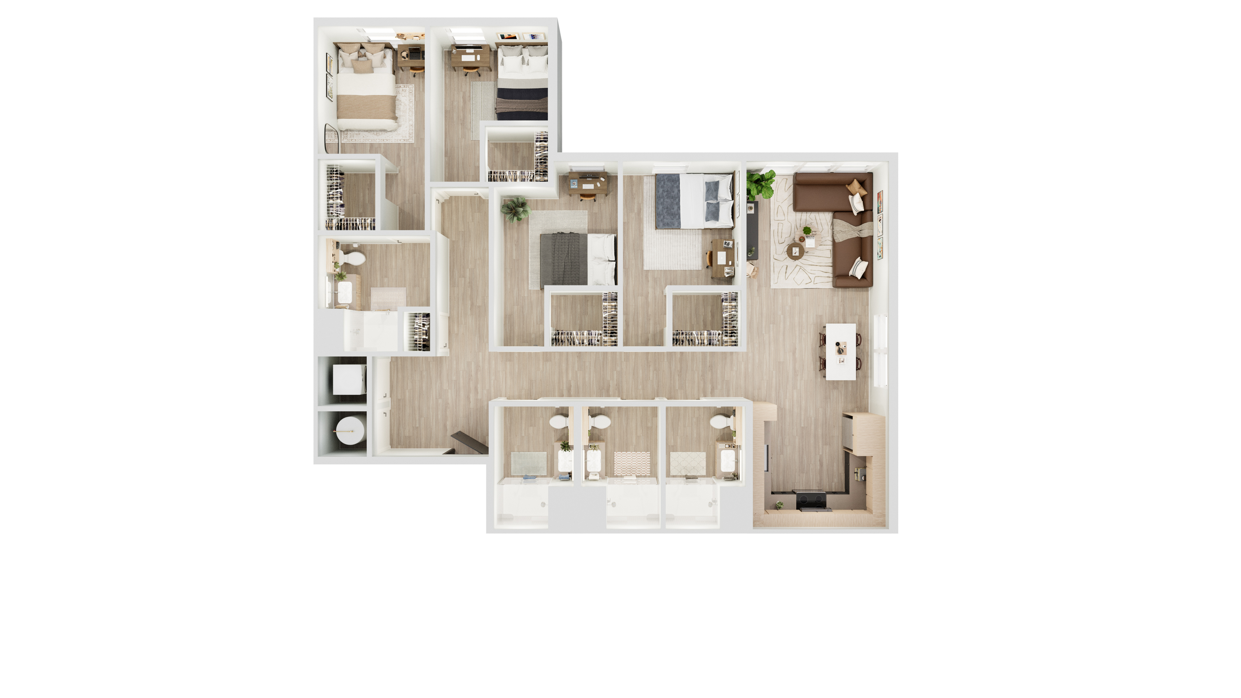 Modern 3D floor plan showcasing three bedrooms, a spacious open-concept living and dining area, with contemporary kitchen design.