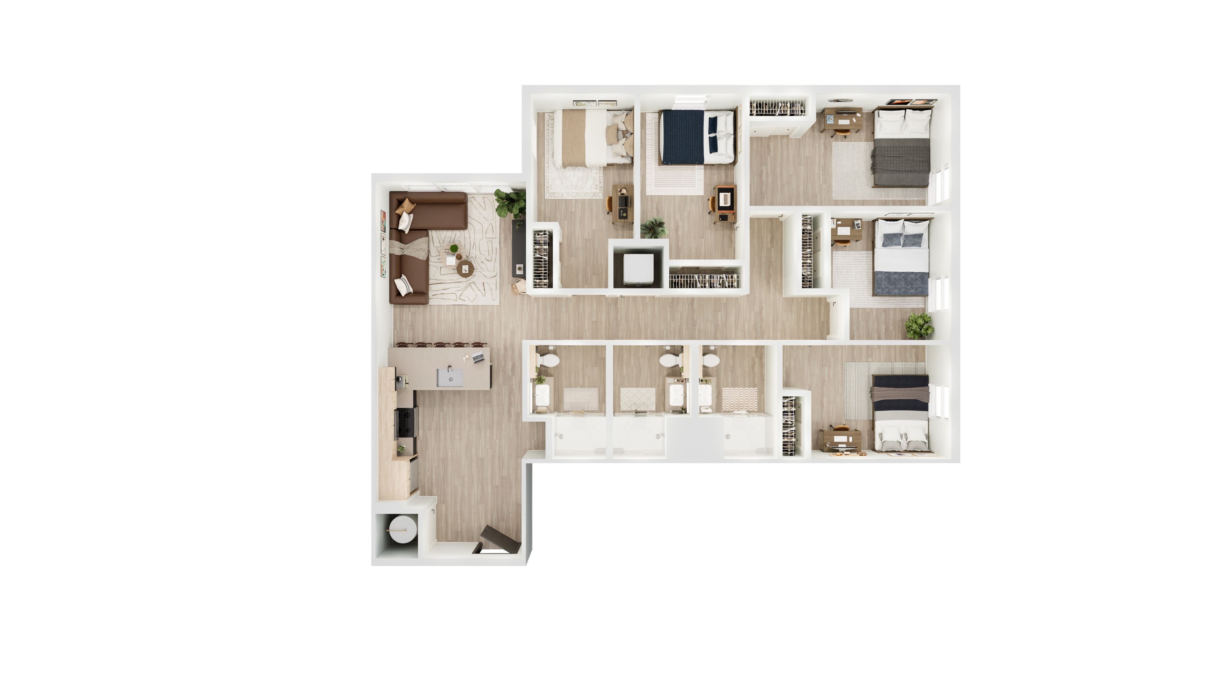 Modern open-concept floor plan with three spacious bedrooms, cozy living area, and stylish kitchen.
