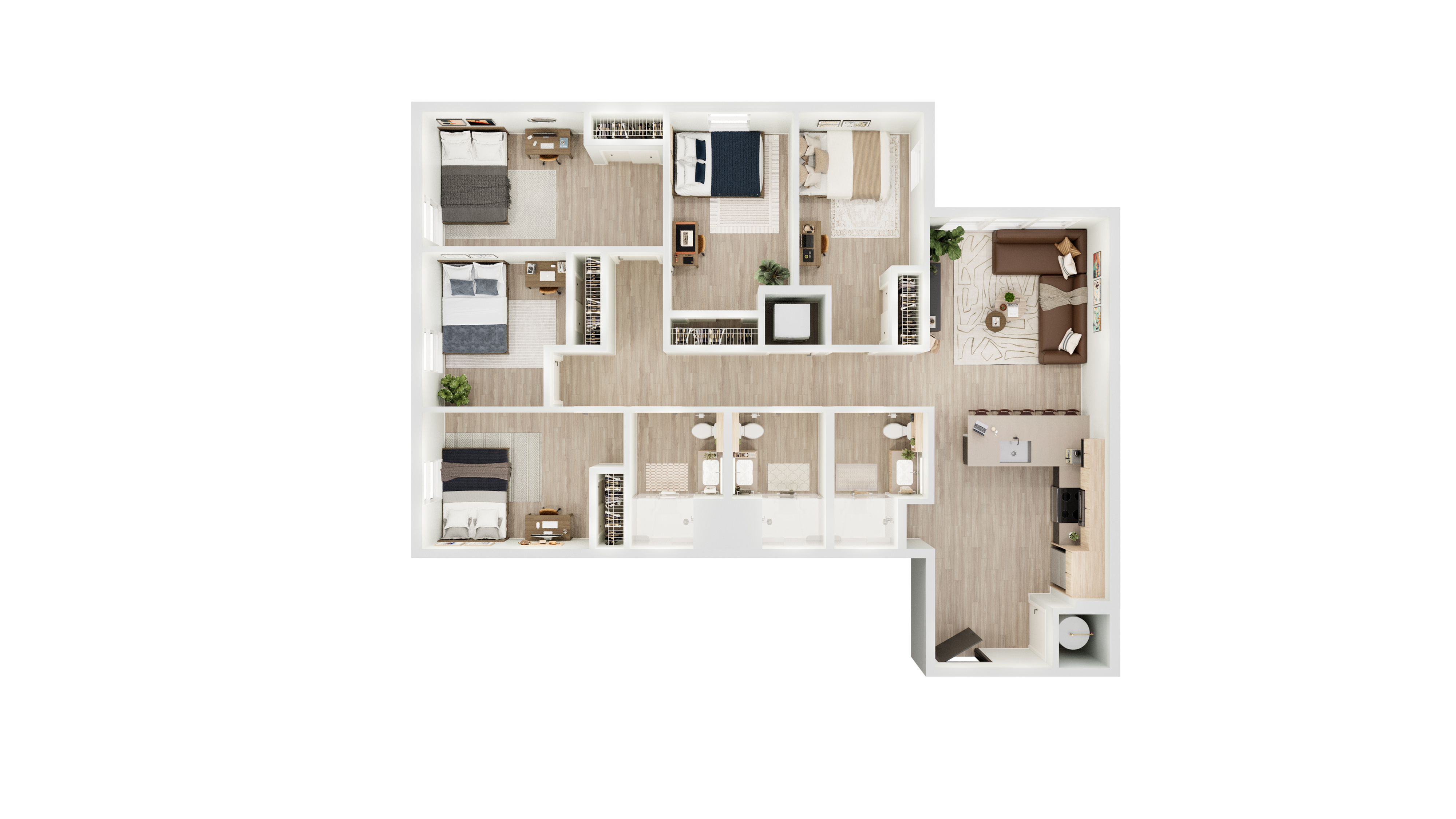 Modern floor plan with 4 spacious bedrooms, 2 bathrooms, an open living and dining area, and a stylish kitchen. Ideal layout for contemporary living.
