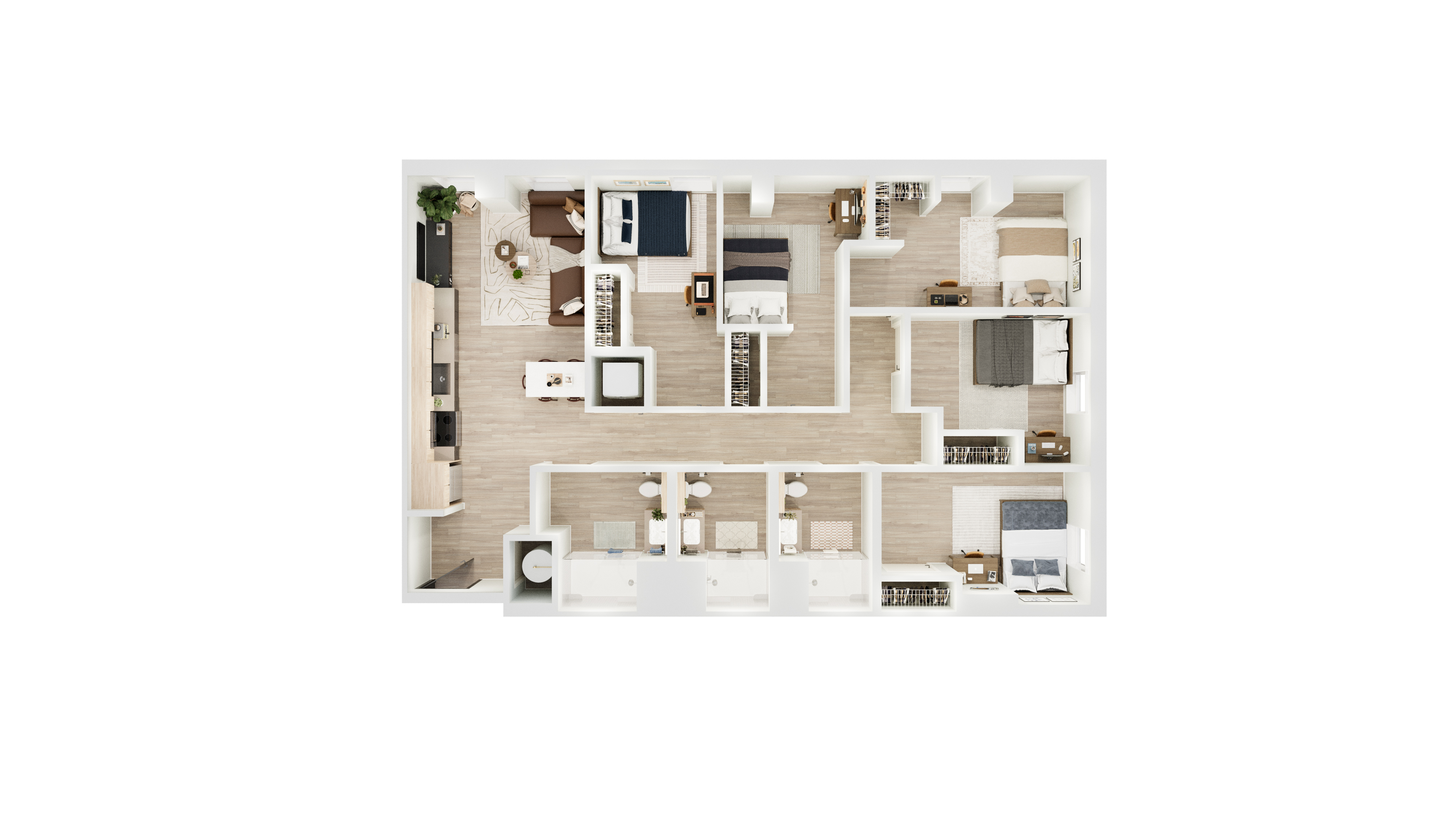 Modern 3D floor plan showcasing a chic apartment with three bedrooms, an open living area, and a stylish kitchen.