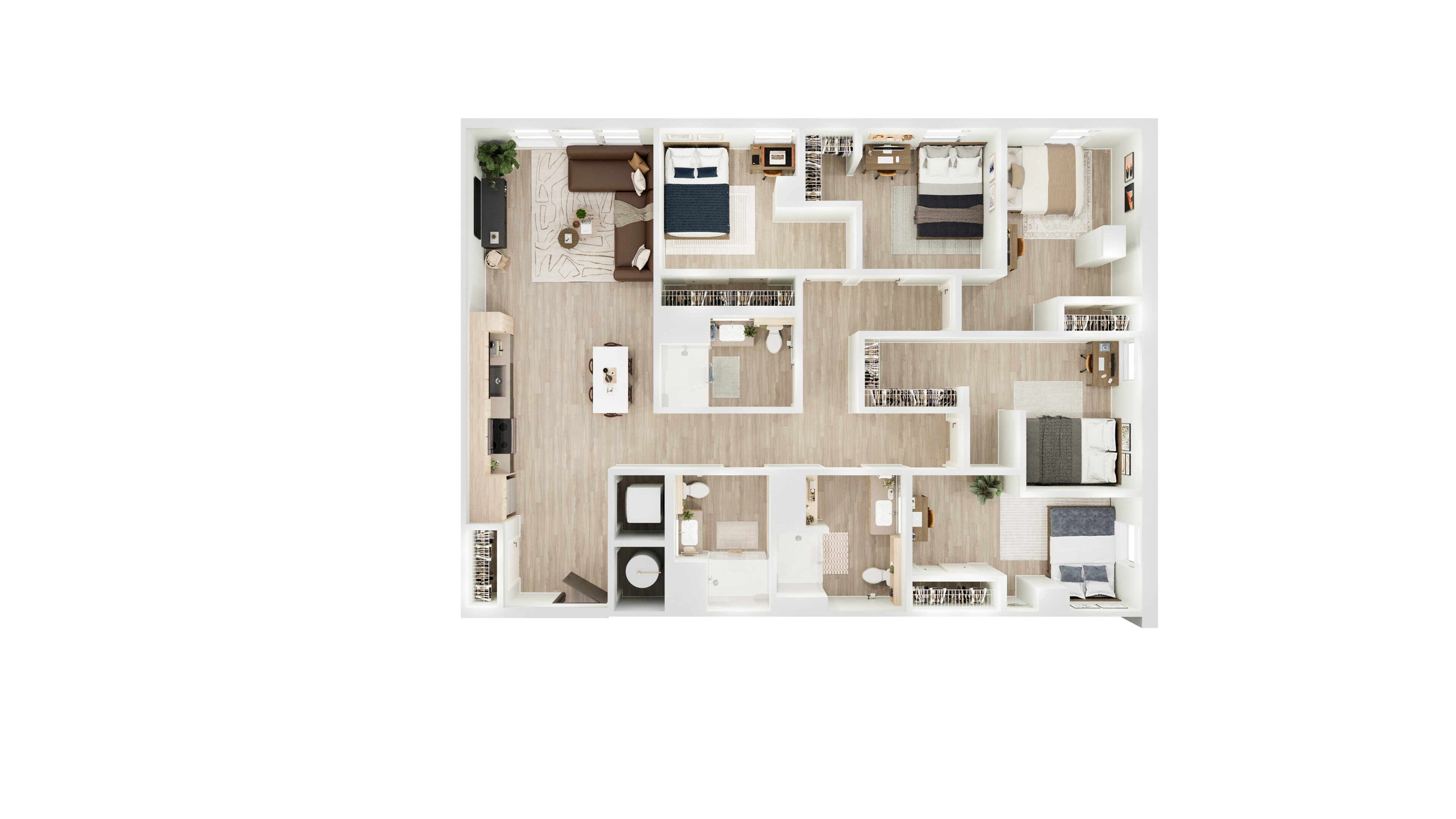 Modern 3D floor plan showcasing a spacious apartment with 3 bedrooms, open-plan living and dining area, and a sleek kitchen, emphasizing stylish and functional living spaces.