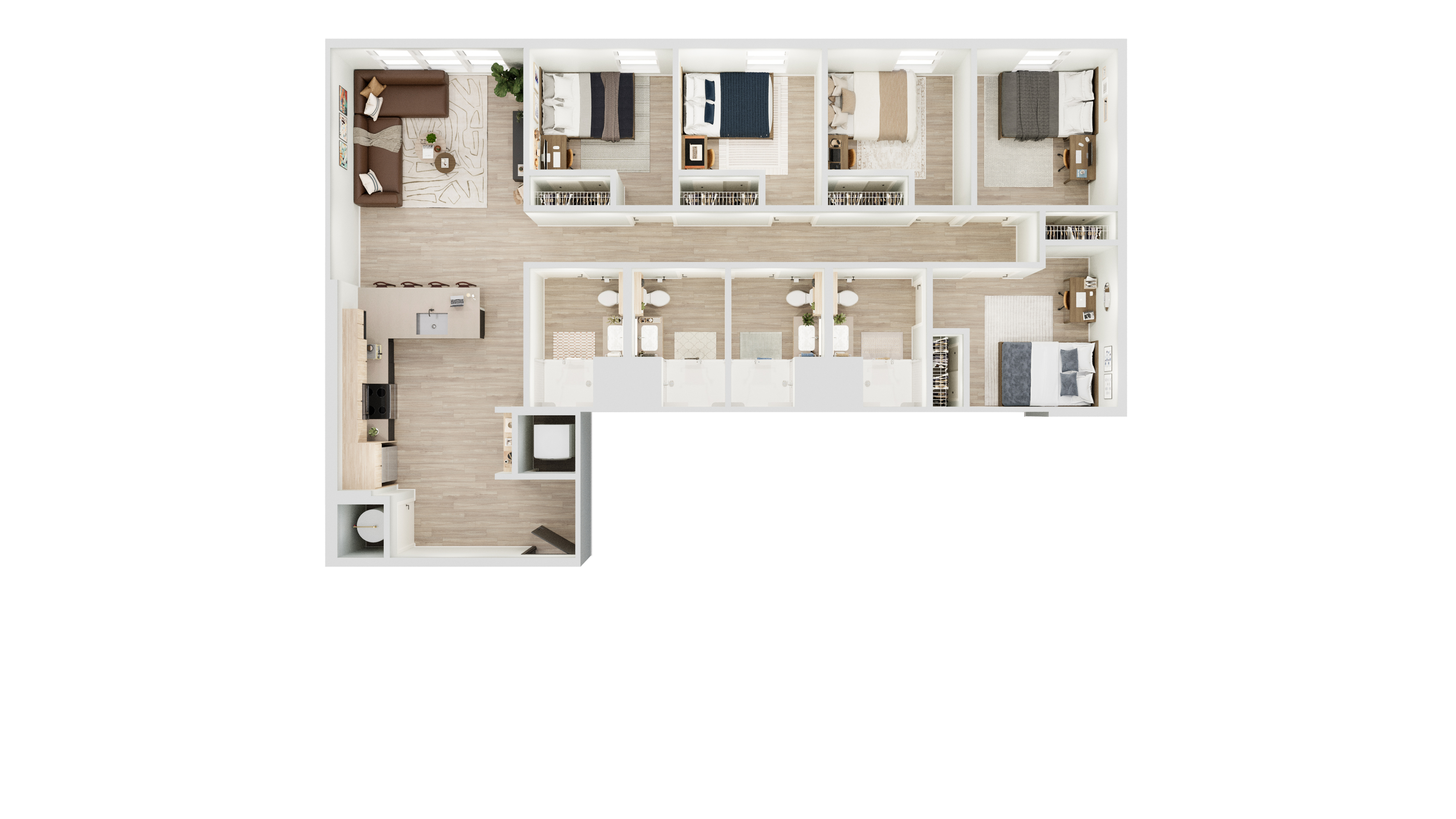 Elegant floor plan showcasing 4 bedrooms, open-plan kitchen with bar seating, and cozy living area.