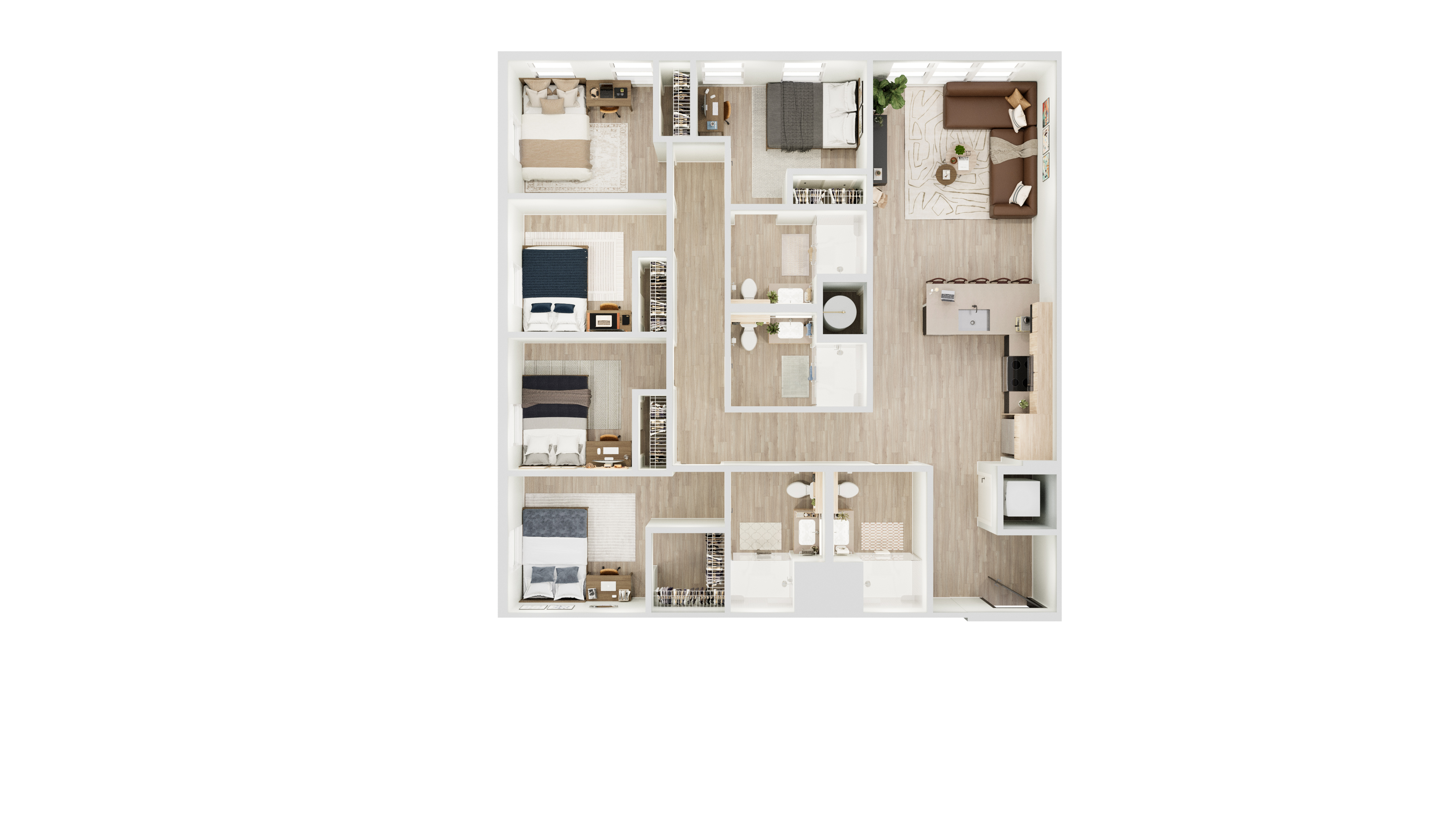 Modern and spacious 3D floor plan showcasing four bedrooms, a sleek open kitchen, and a cozy living area, perfect for family living.