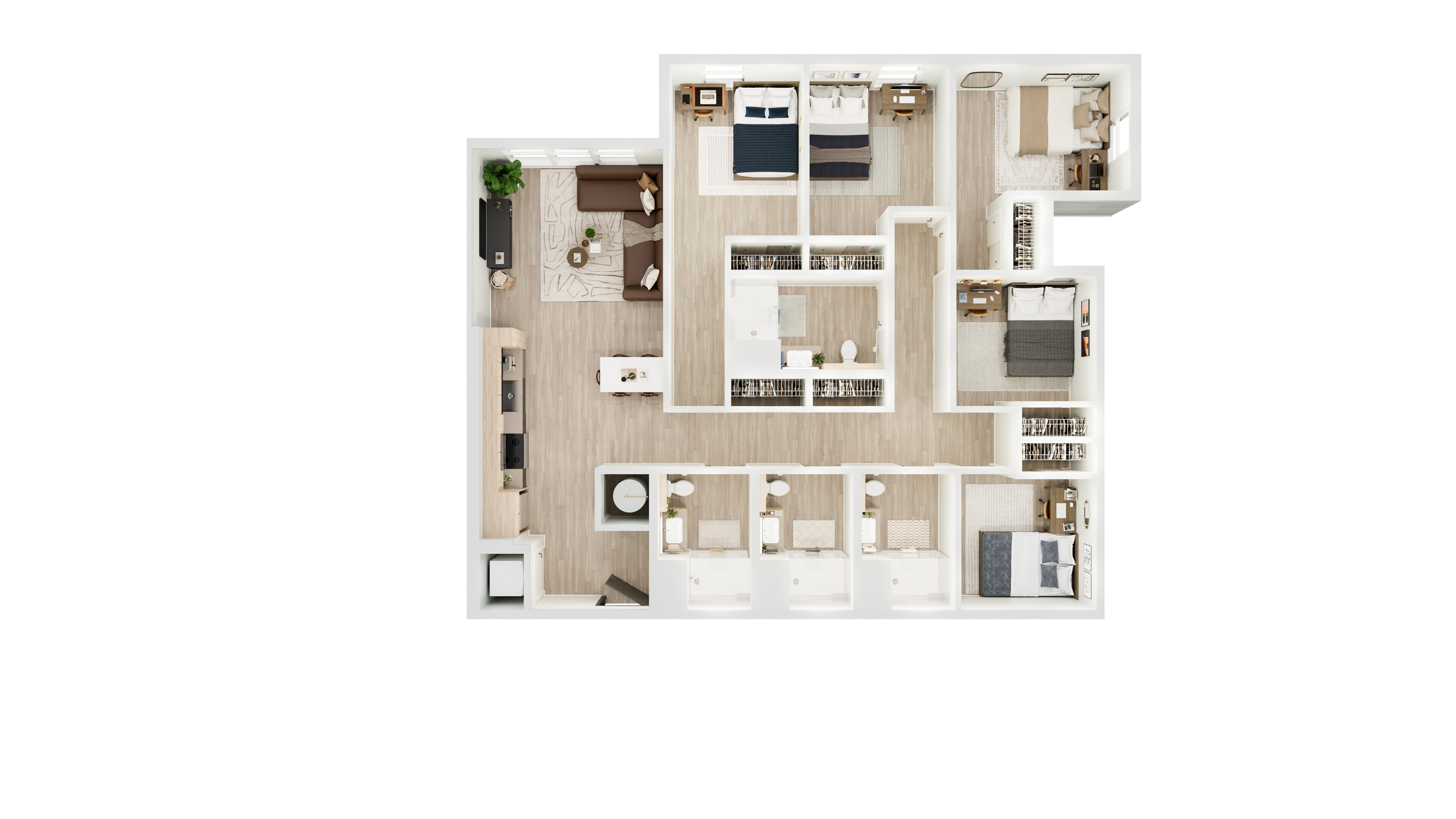 Elegant floor plan showcasing four bedrooms, spacious open kitchen, cozy living area, and modern design elements.