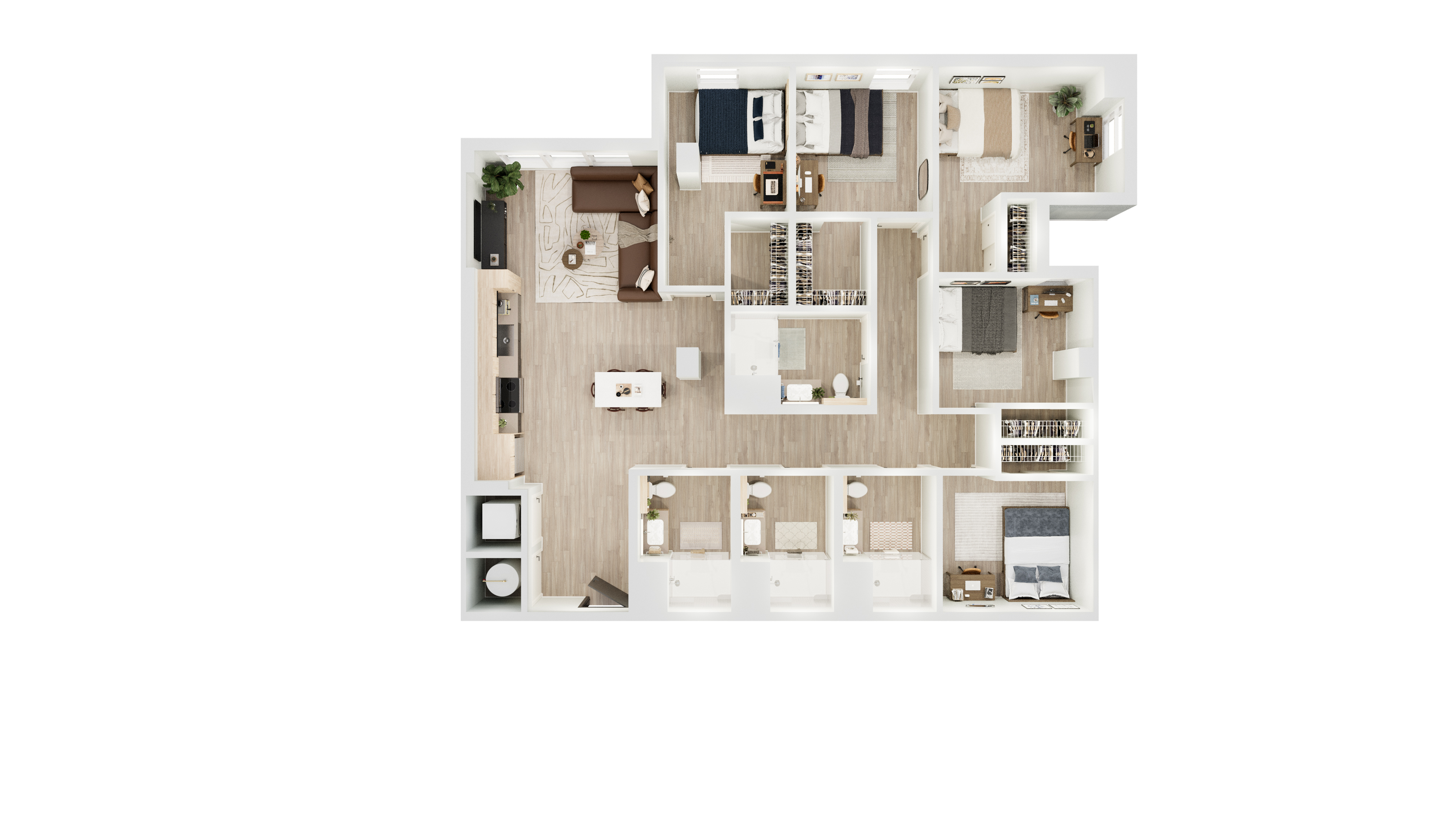 Modern 3D floor plan showcasing a spacious apartment with three bedrooms, a cozy living room, and an elegant kitchen area.