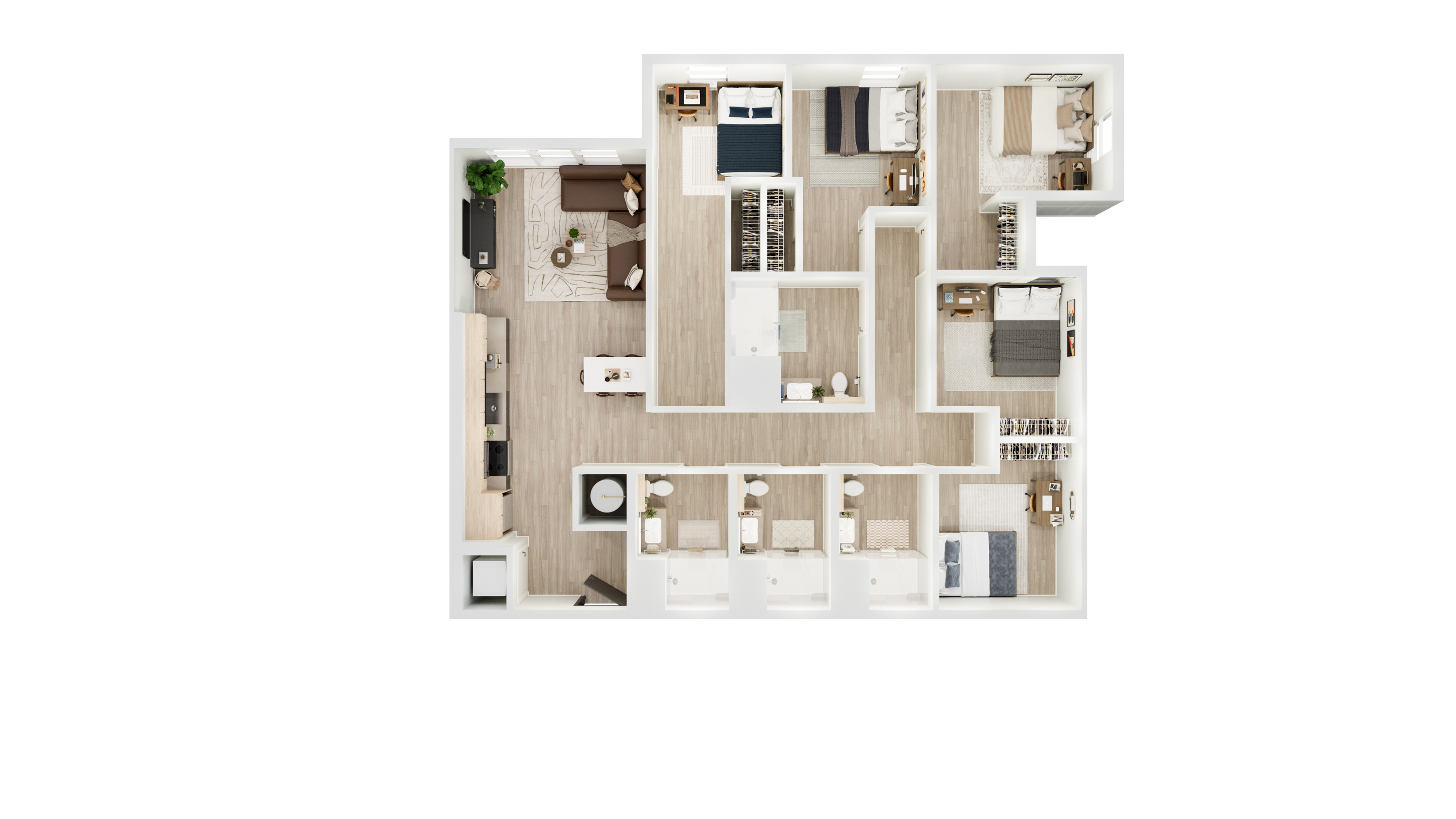 Modern 3D floor plan showcasing 3 spacious bedrooms, a cozy living area, and a sleek kitchen with open layout.