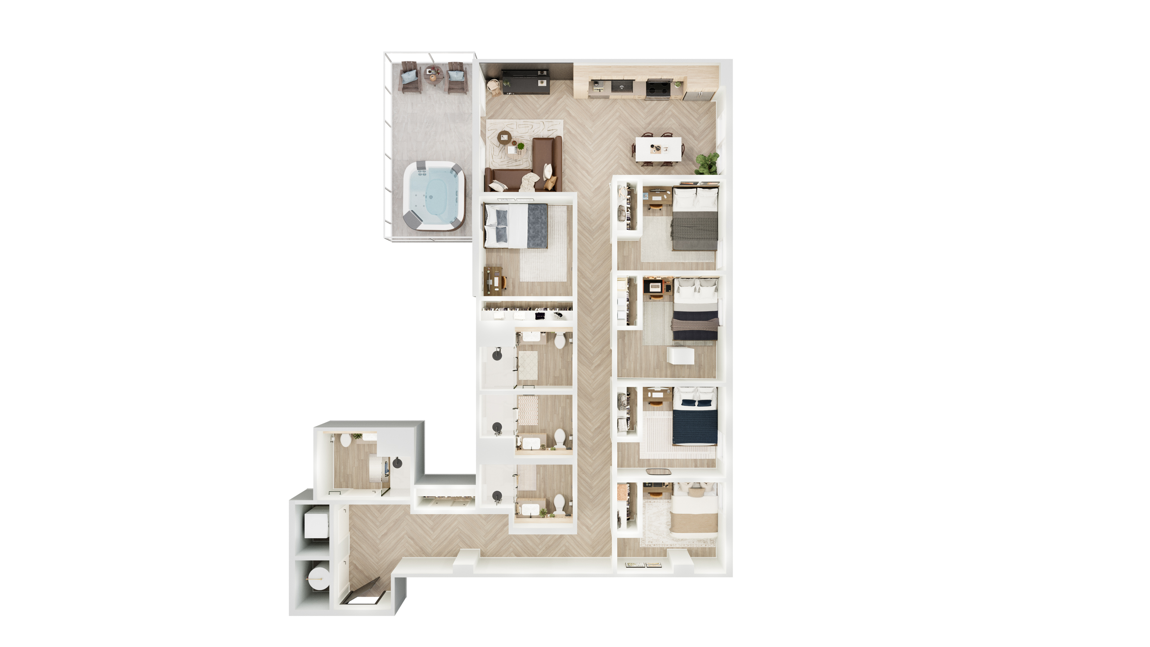Modern floor plan showcasing 4 bedrooms, a cozy open-plan living space, and a chic balcony with a jacuzzi.