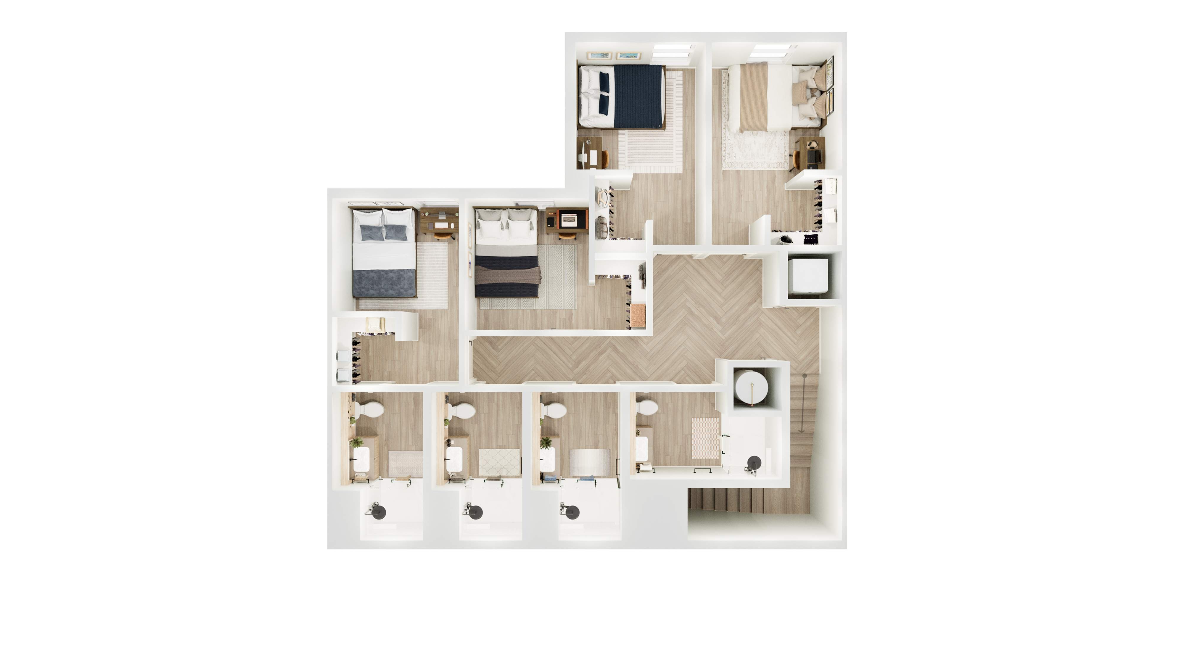 Elegant 3-bedroom apartment floor plan with spacious layout, featuring modern finishes and multiple cozy bathroom spaces.