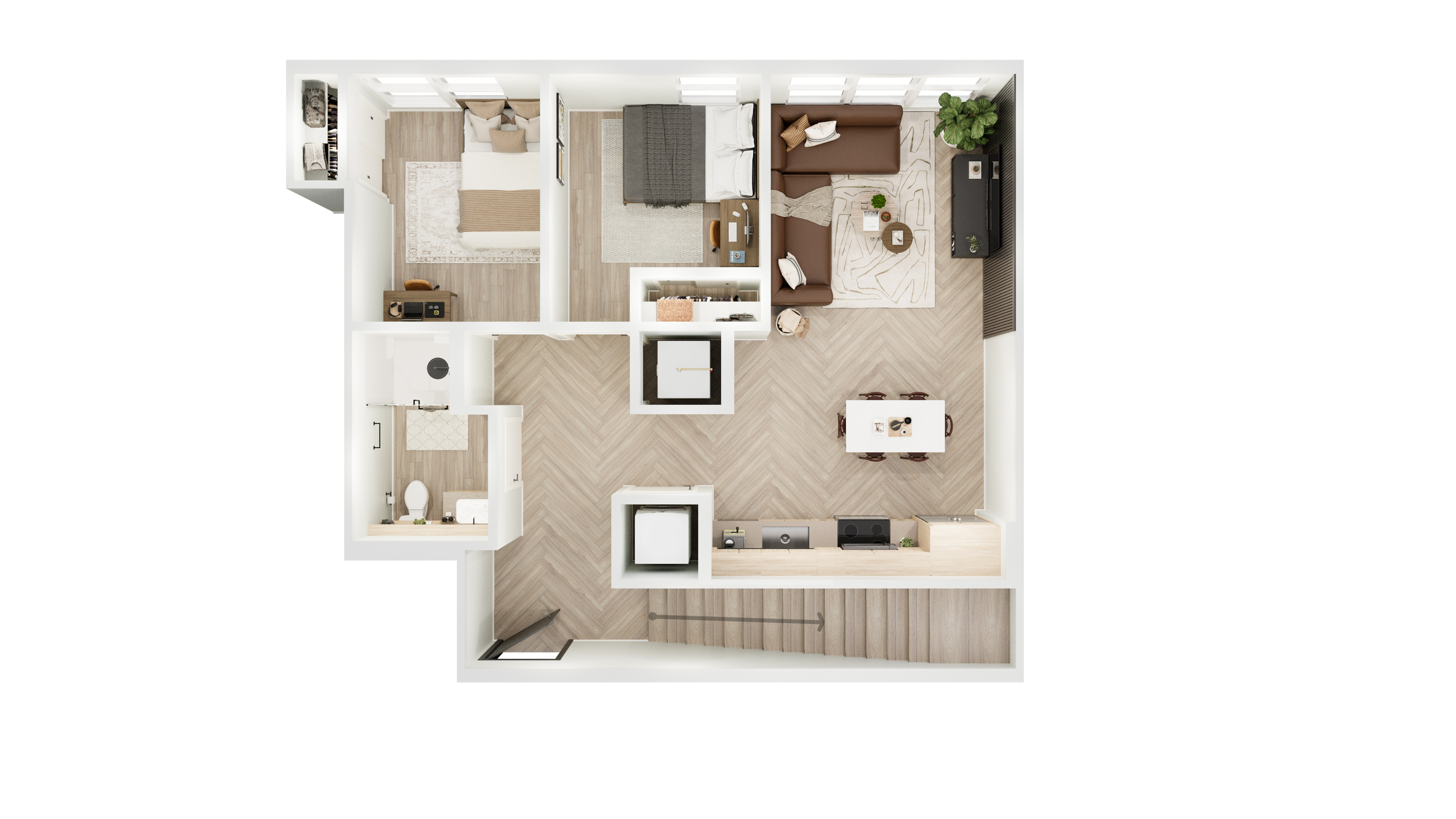 Modern 2D floor plan showcasing two bedrooms, a cozy living area, stylish kitchen, and elegant bathroom.