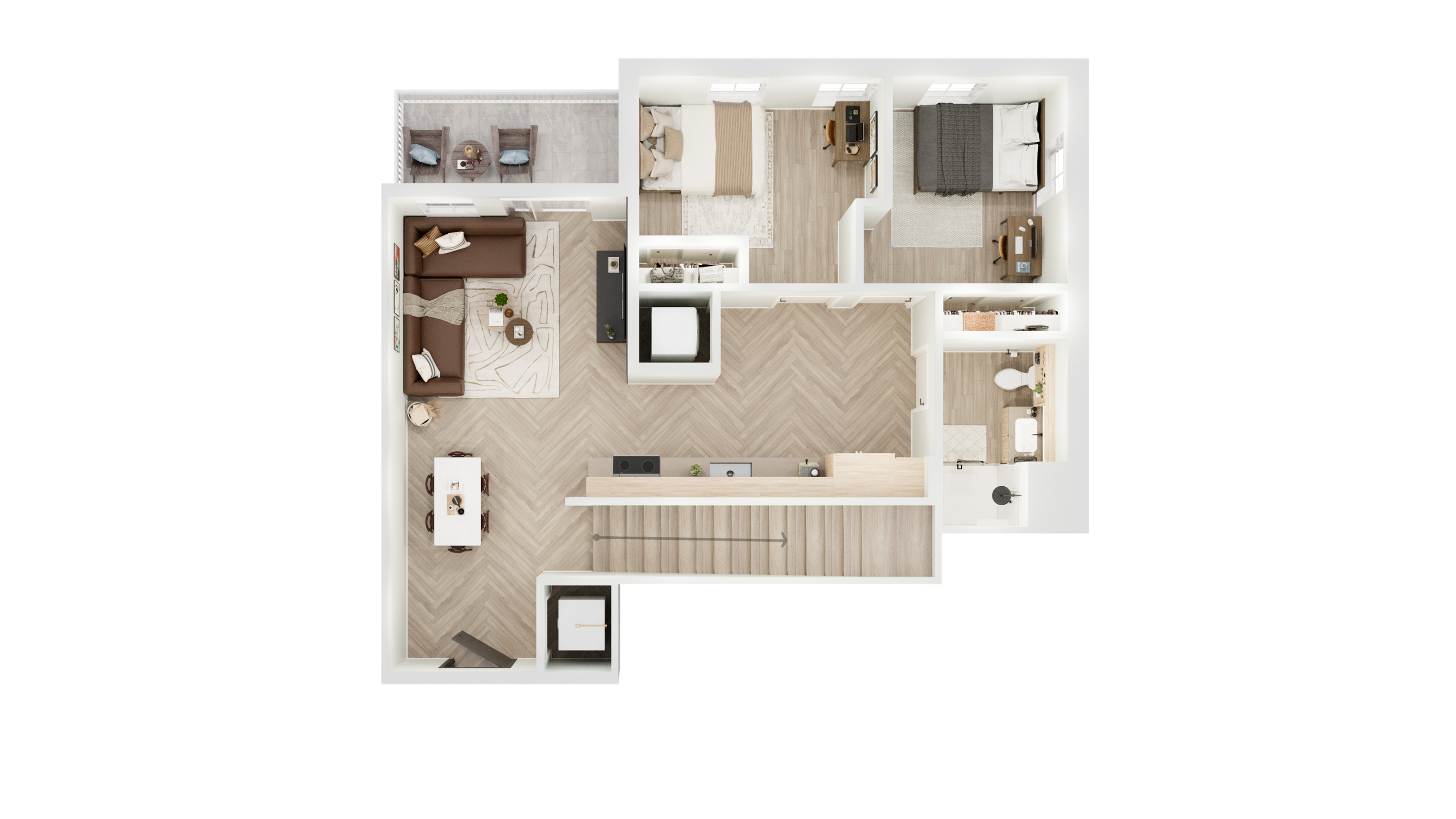 Modern 2D apartment floor plan with two cozy bedrooms, an elegant open-concept living and dining area, stylish kitchen, and a chic outdoor balcony.