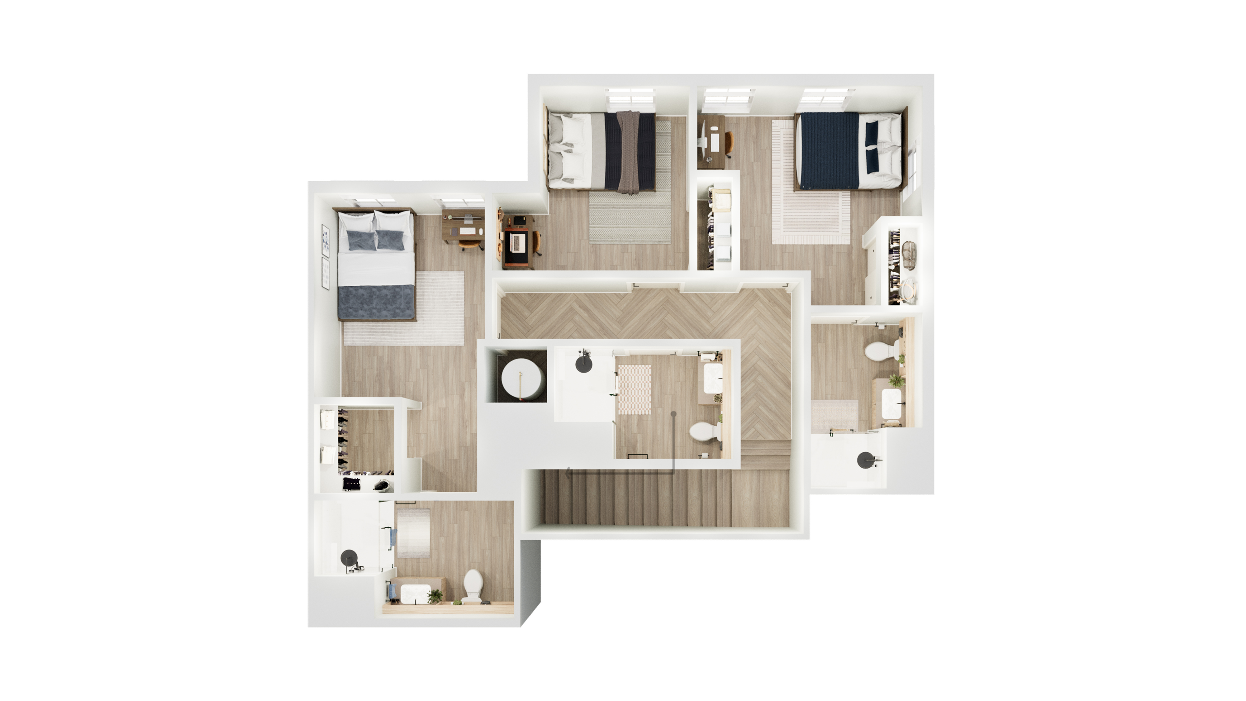 Contemporary floor plan with three bedrooms, sleek kitchen area, and inviting living space with modern finishes.