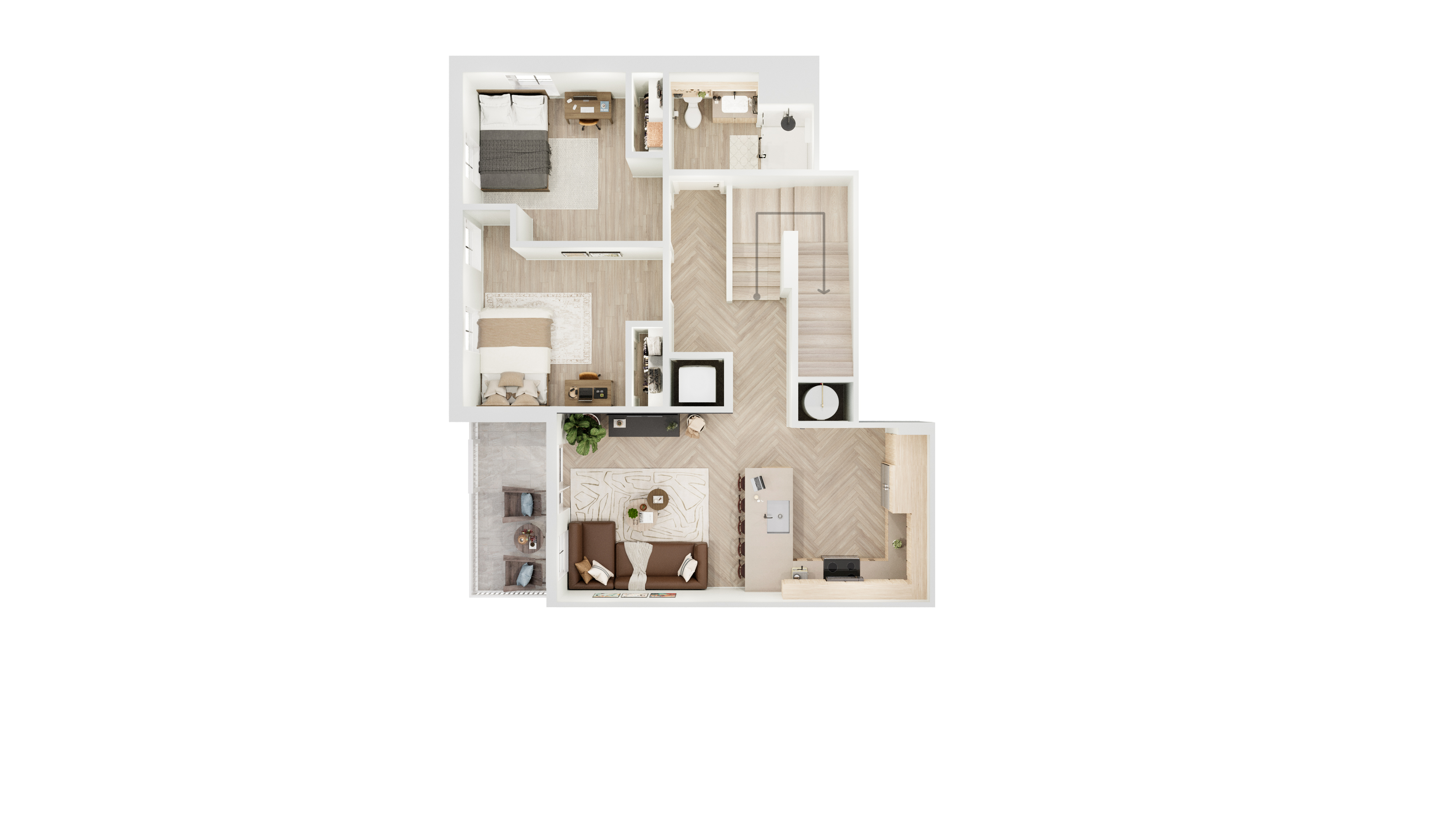 Modern 2D floor plan featuring two cozy bedrooms, a sleek kitchen, and an inviting living area with a dining space. Ideal for comfortable living.