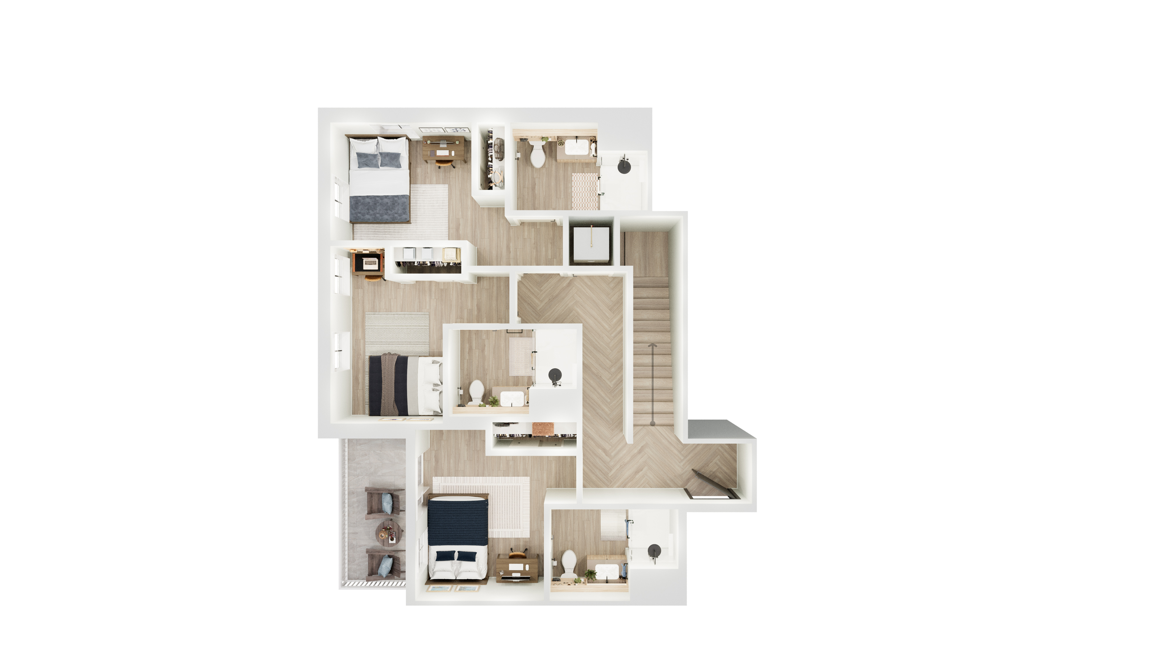 Elegant 3D floor plan showcasing 3 bedrooms, stylish open living area, and modern bathrooms, perfect for comfortable living.