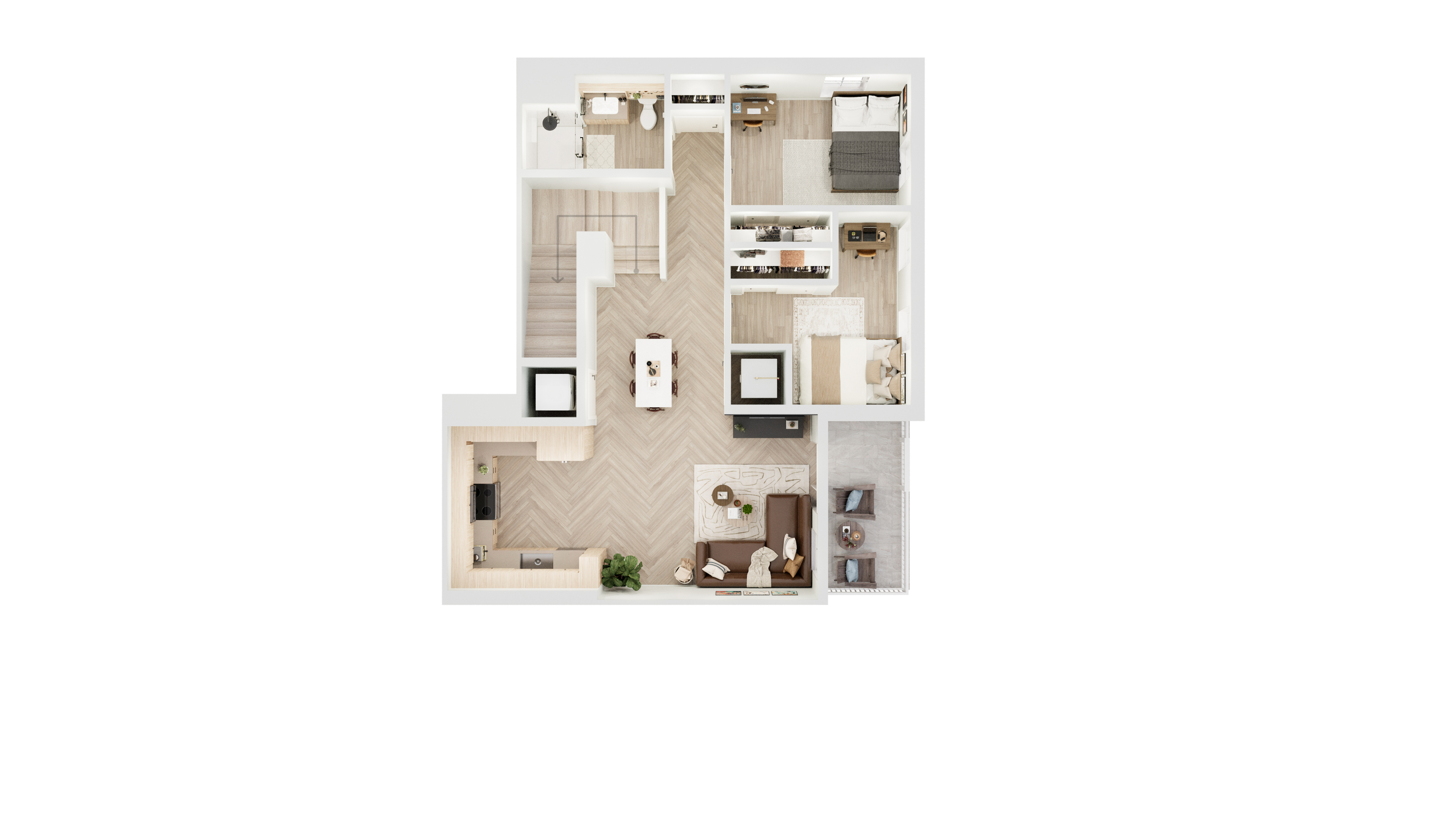 Chic and modern floor plan showcasing 2 bedrooms, an open-concept kitchen and living area, plus a cozy balcony space.