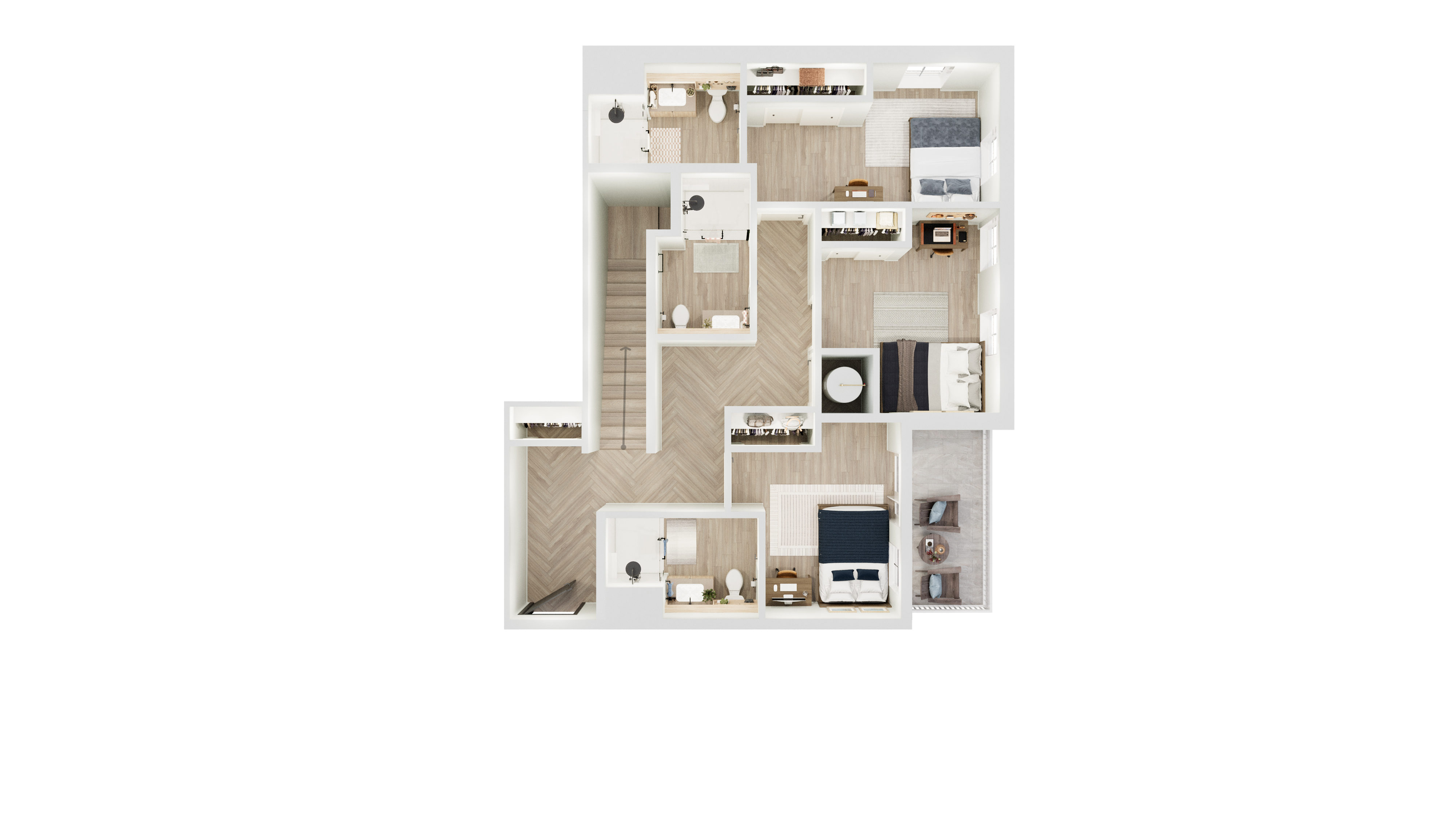 Modern 3D floor plan featuring three bedrooms, two bathrooms, a cozy living area, and a private balcony space for relaxation.