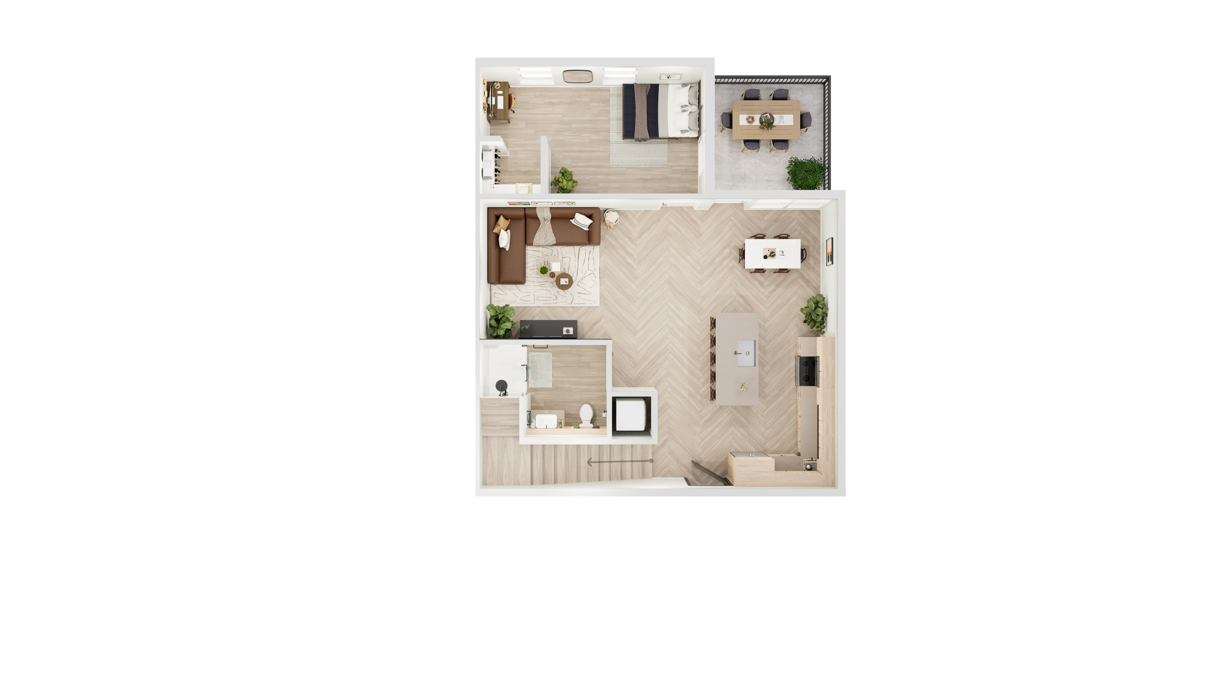 Contemporary floor plan showcasing 1 bedroom, open-concept living and dining area, with modern kitchen and private balcony.