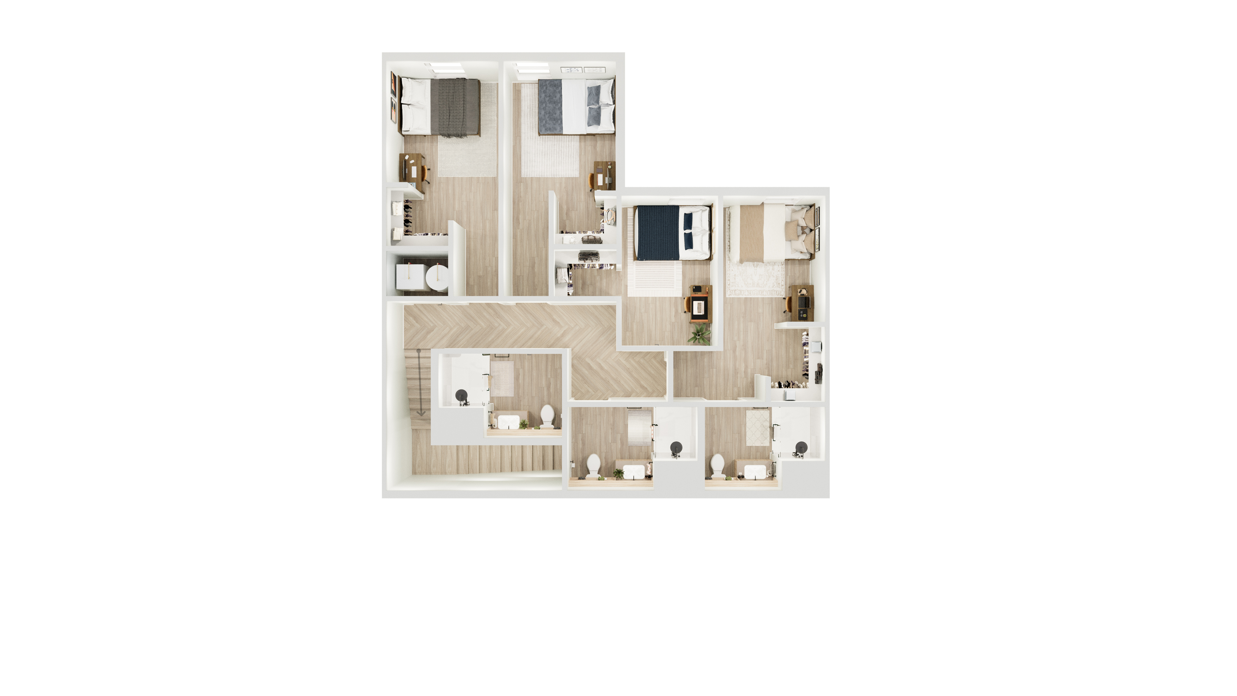 Elegant floor plan showcasing four bedrooms, stylish bathrooms, and a spacious, modern living area with sleek wood flooring.