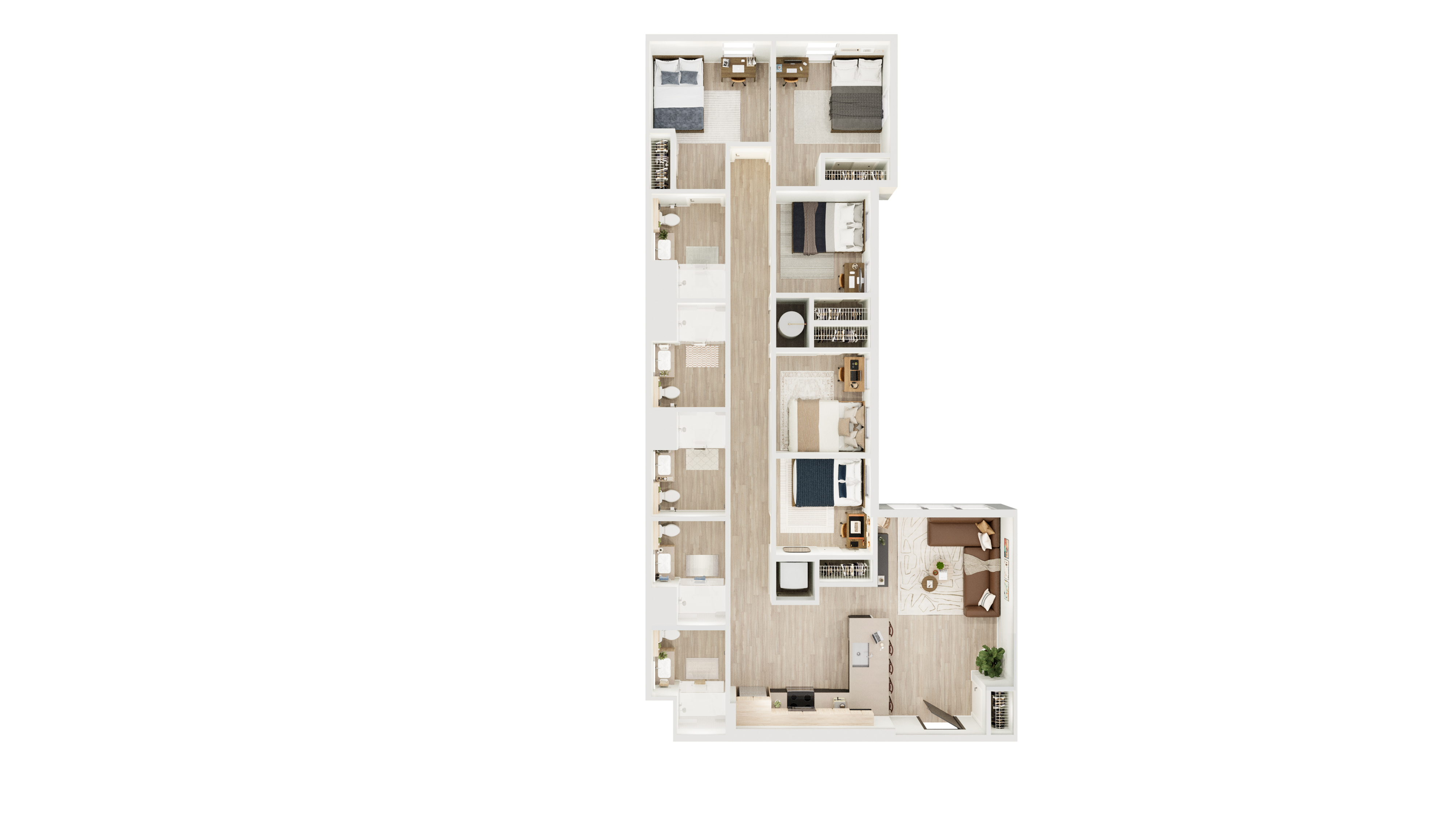Elegant floor plan showcasing a modern 4-bedroom layout with a spacious living area, sleek kitchen, and stylish furnishings.