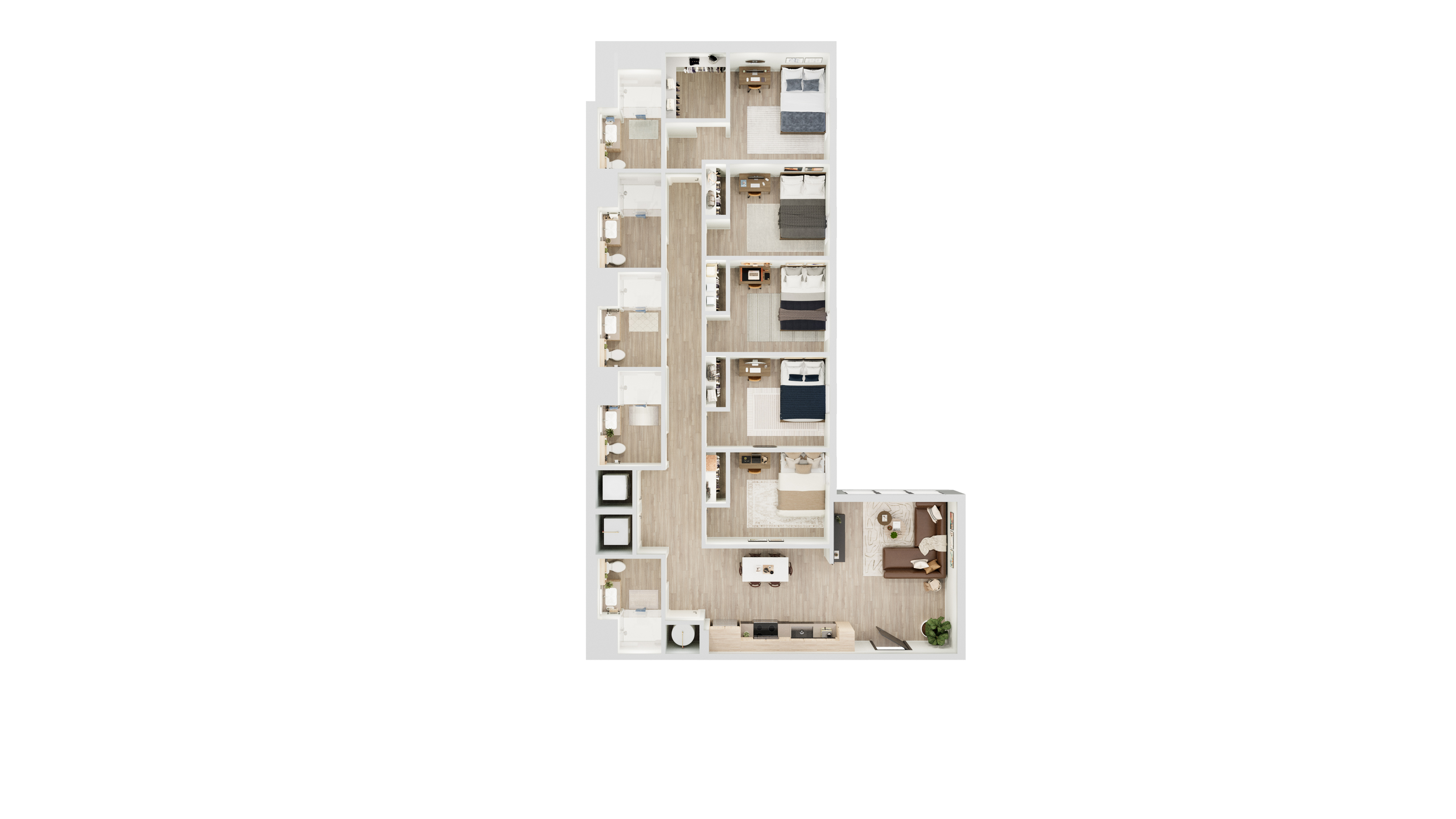 Modern 2D floor plan depicting a spacious layout with multiple bedrooms, stylish open-plan living area, and contemporary kitchen design.