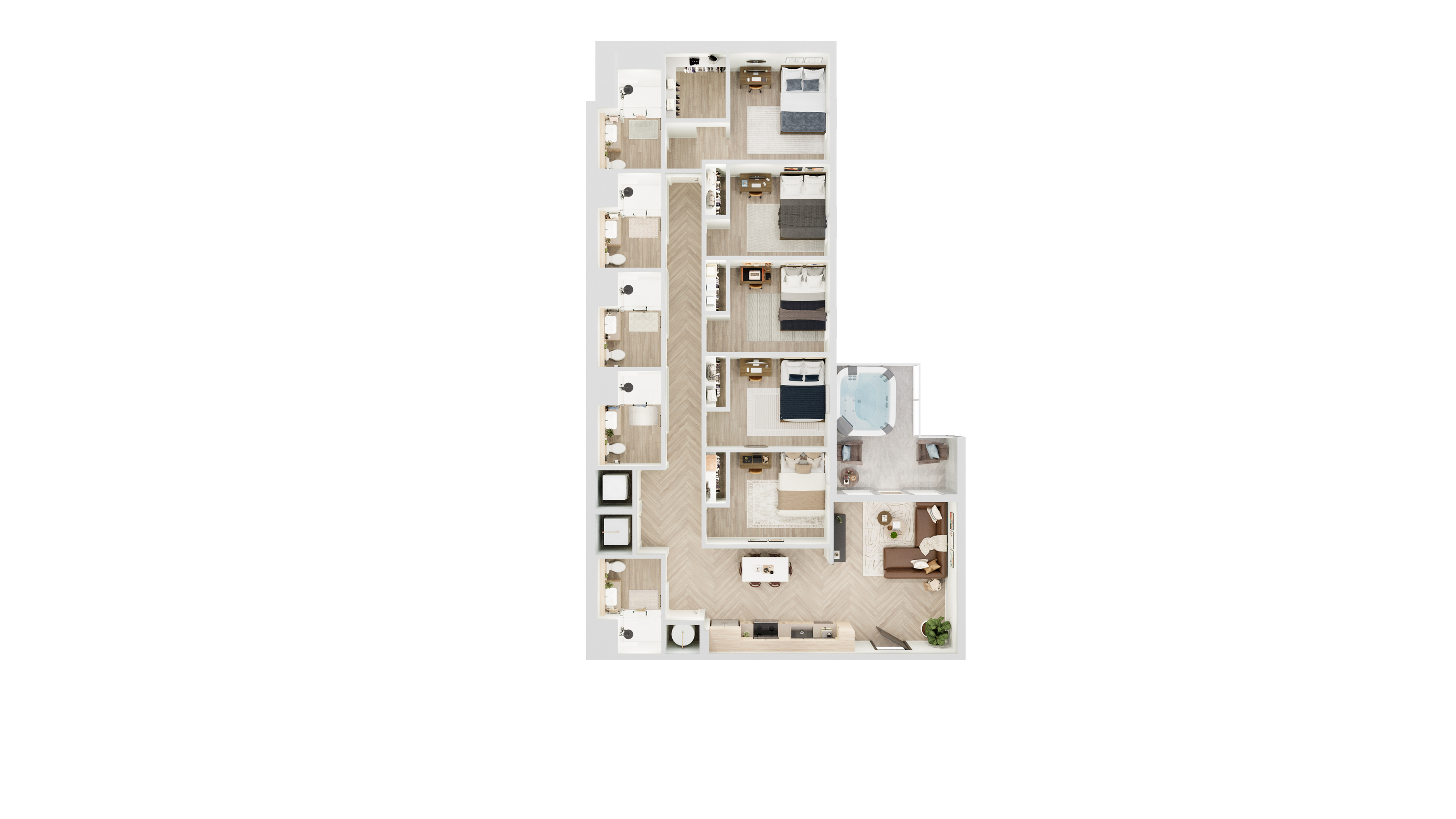 Elegant floor plan showcasing a spacious layout with multiple bedrooms, modern kitchen, and luxurious living area designed for comfort and style.