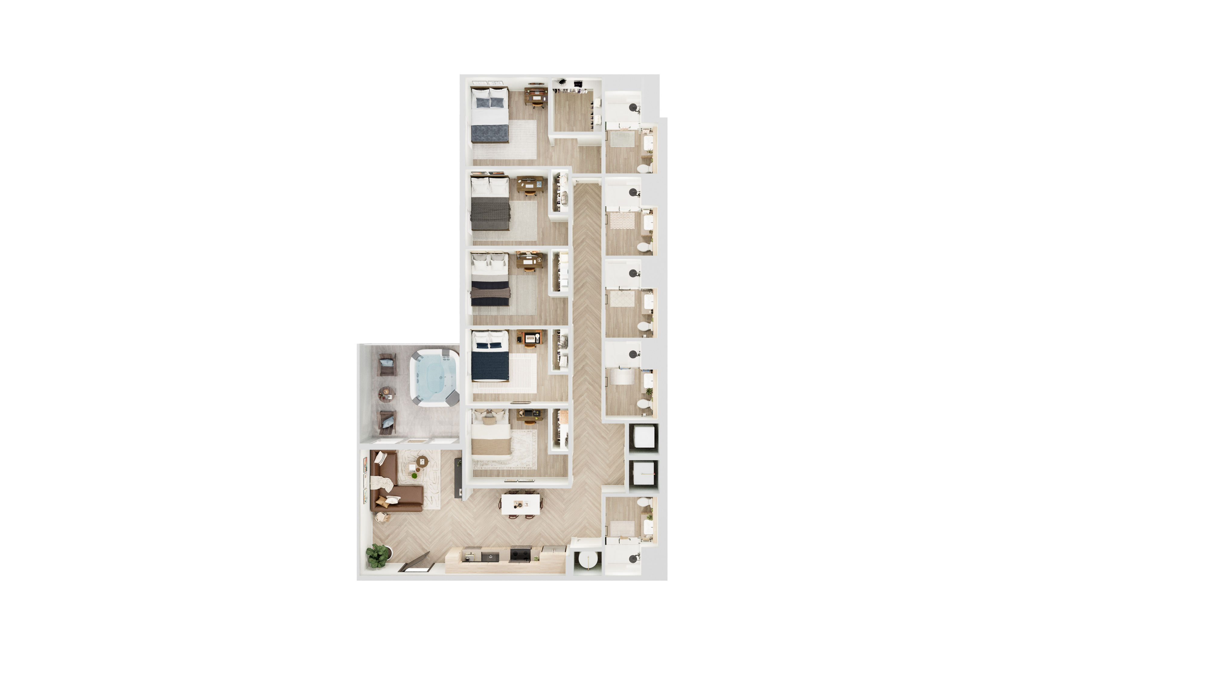 Inviting floor plan featuring six elegant bedrooms, modern open-concept kitchen, spacious living area, stylish dining room, and luxurious jacuzzi space.