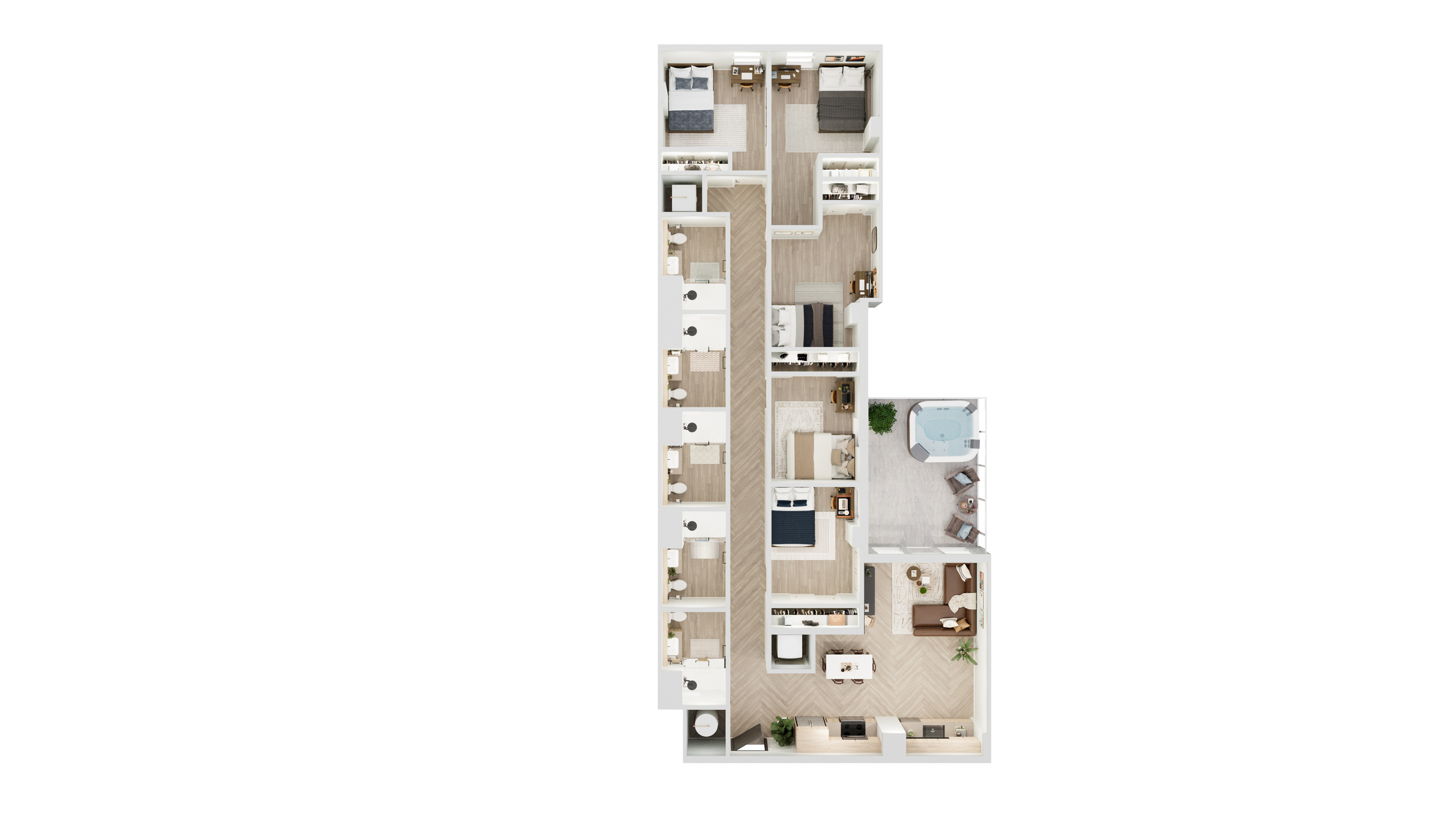 Elegant floor plan showcasing 3-bedroom layout with modern living room, stylish kitchen, and outdoor terrace with spa.