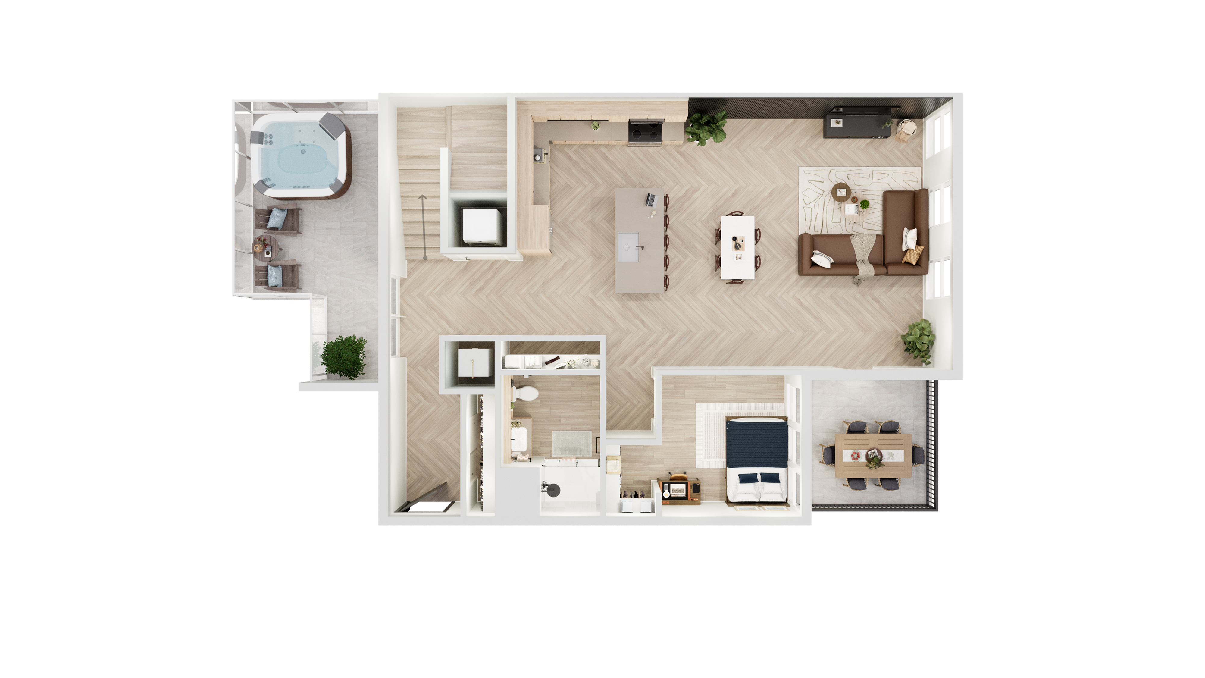 Modern 2D floor plan with one bedroom, open-concept living and dining area, chic kitchen, and cozy balcony with hot tub.
