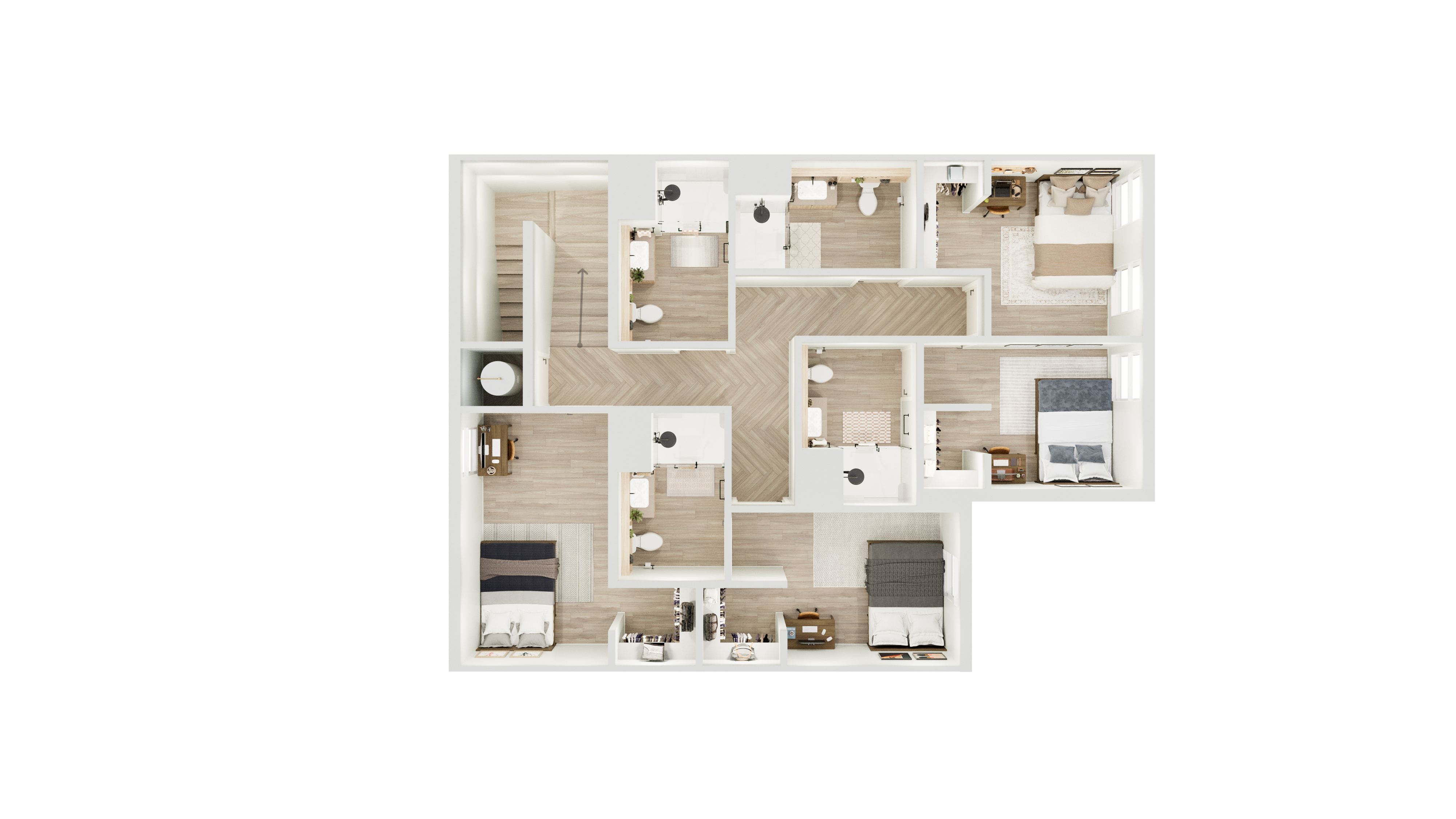 Chic 3D floor plan showcasing three cozy bedrooms, modern bathrooms, and a stylish open living area with elegant wood flooring.