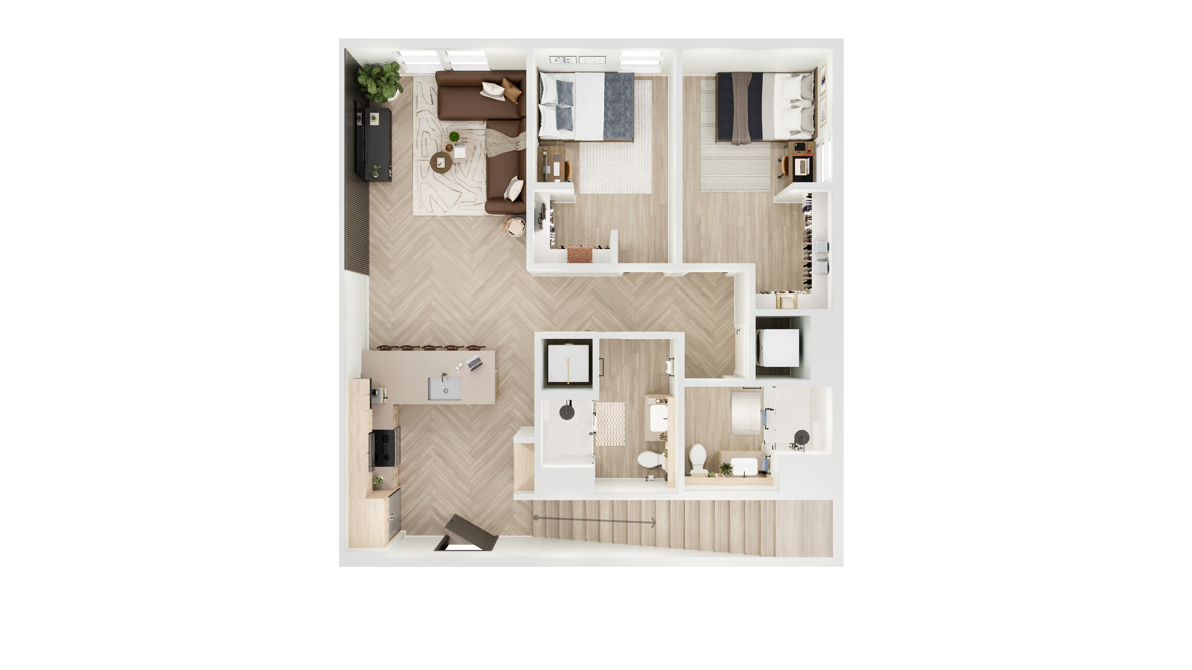 Modern and spacious apartment floor plan with two bedrooms, an open living area, and a contemporary kitchen design.