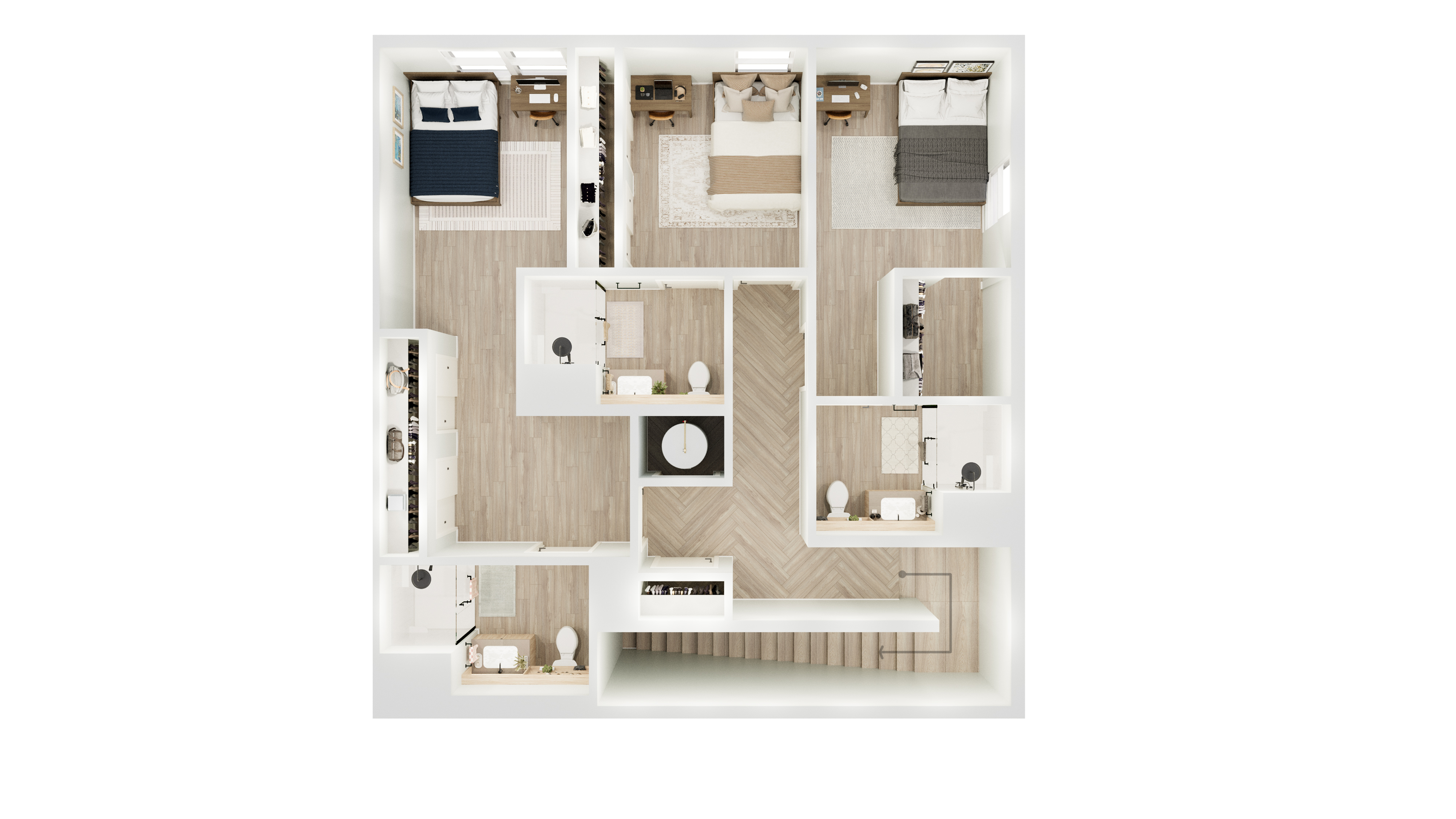 Modern apartment floor plan showcasing three bedrooms, two stylish bathrooms, and an open-area kitchen with sleek design elements.
