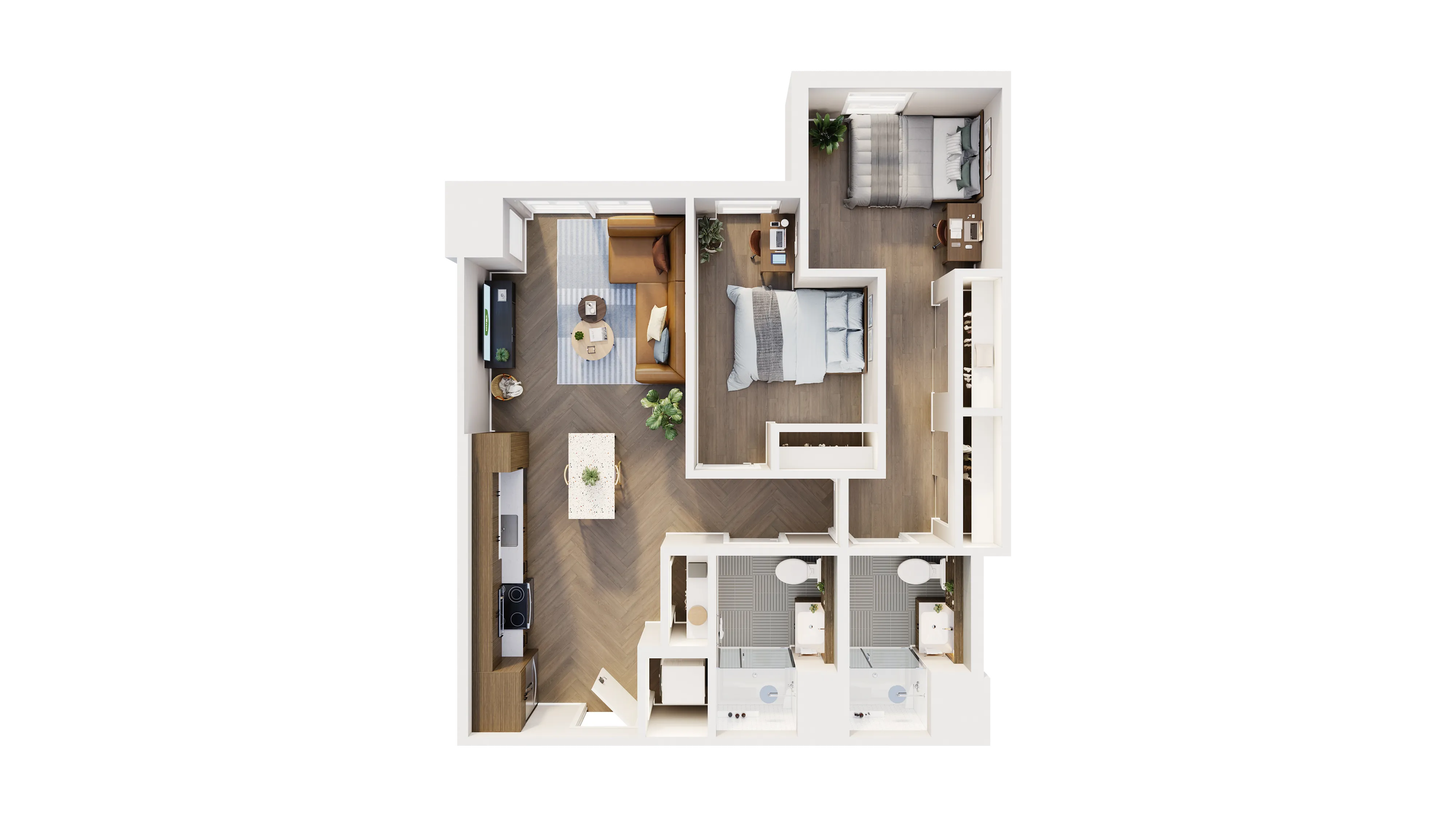 Contemporary 2D floor plan showcasing a stylish apartment with two bedrooms, a cozy living area, and a modern kitchen, perfect for urban living.