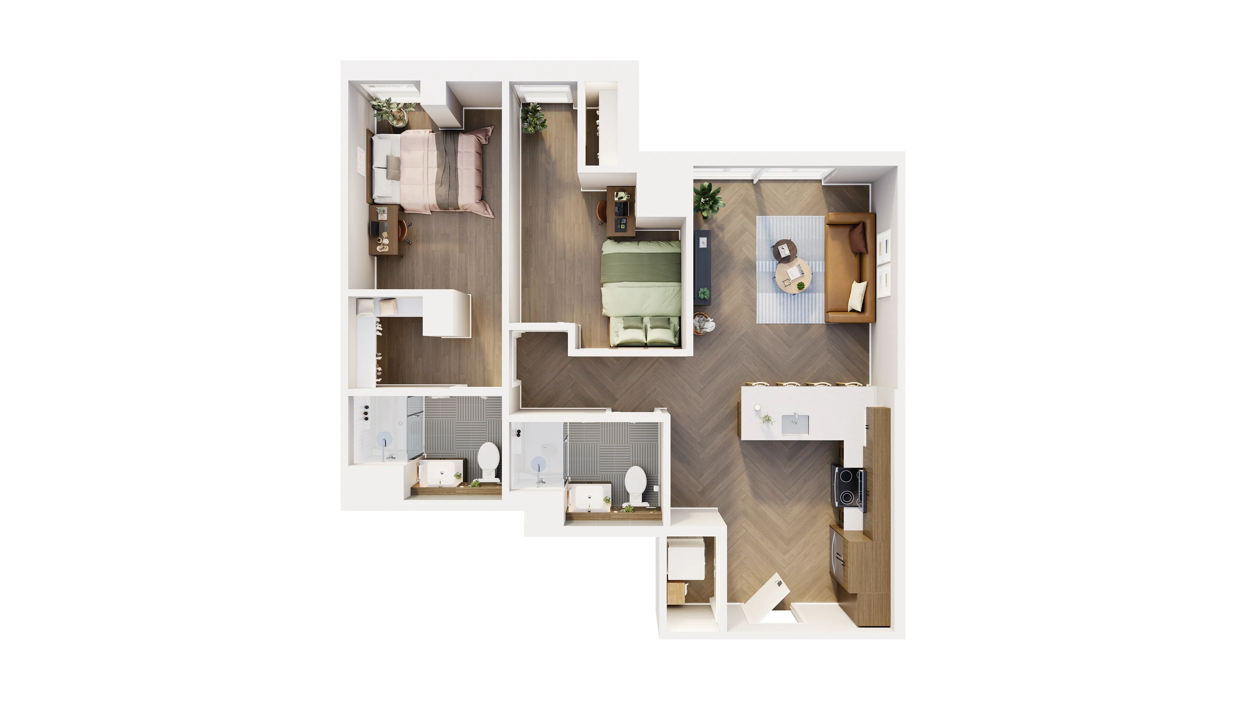 Charming floor plan showcasing 2 cozy bedrooms, elegant living room, and a modern kitchen layout.
