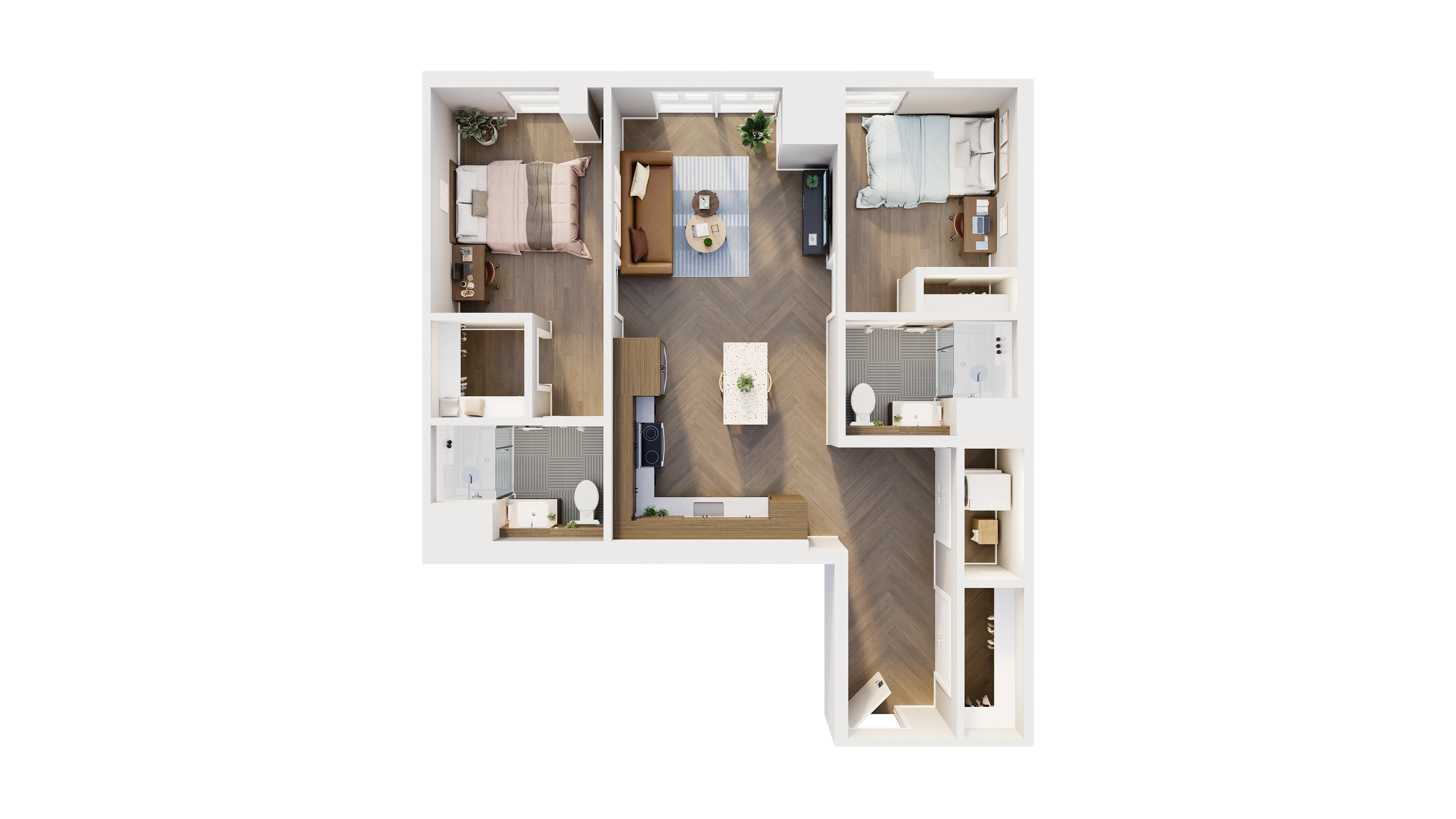 Elegant 3D floor plan featuring two bedrooms, two bathrooms, spacious kitchen and living area with herringbone wood flooring and stylish modern design.