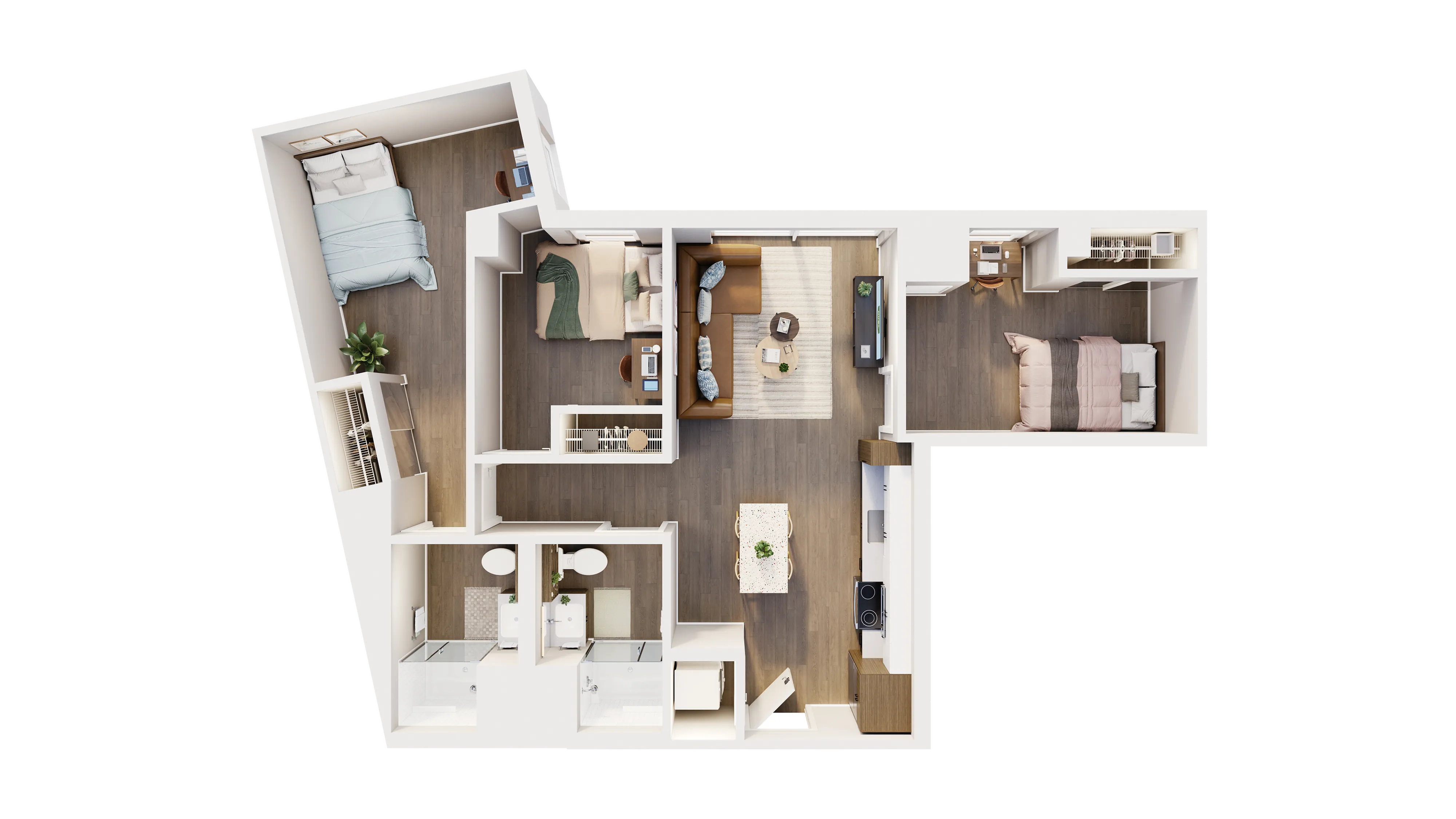 Modern 3D floor plan showcasing three bedrooms, luxurious hardwood flooring, and an inviting open-concept living area perfect for family gatherings.