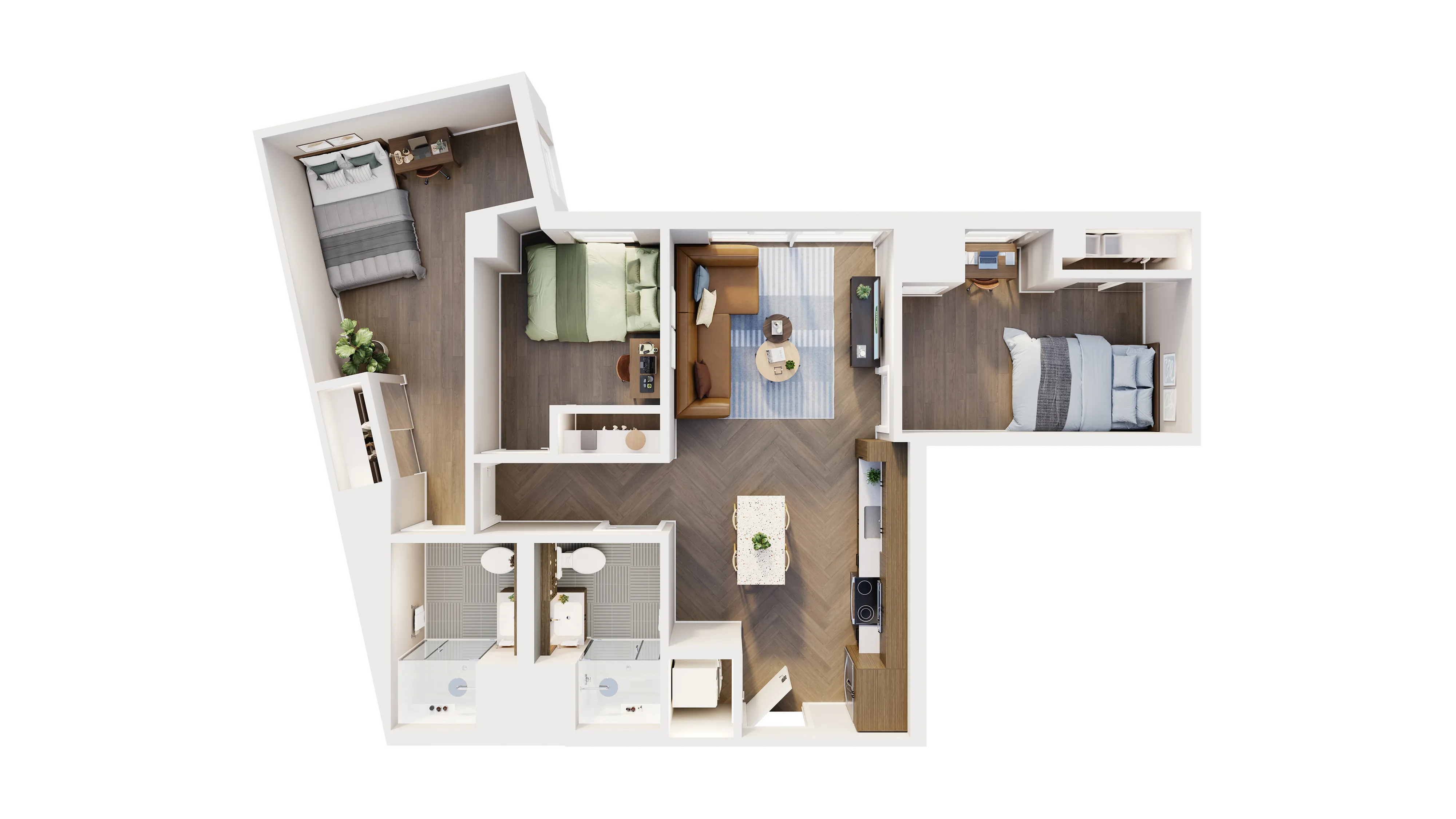 Modern 3D floor plan showcasing 2 bedrooms, open living room, and contemporary kitchen design.