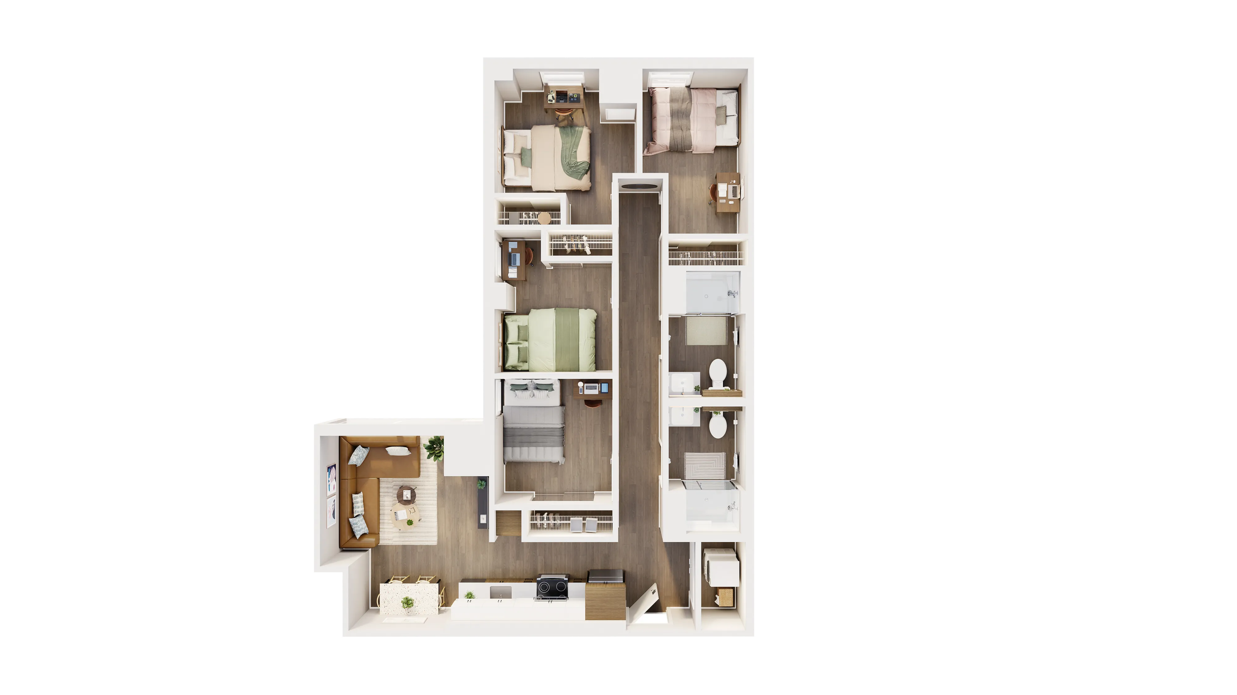 Elegant 3D floor plan showcasing 4 bedrooms, two bathrooms, and an inviting open-concept kitchen and living room area, perfect for modern living.