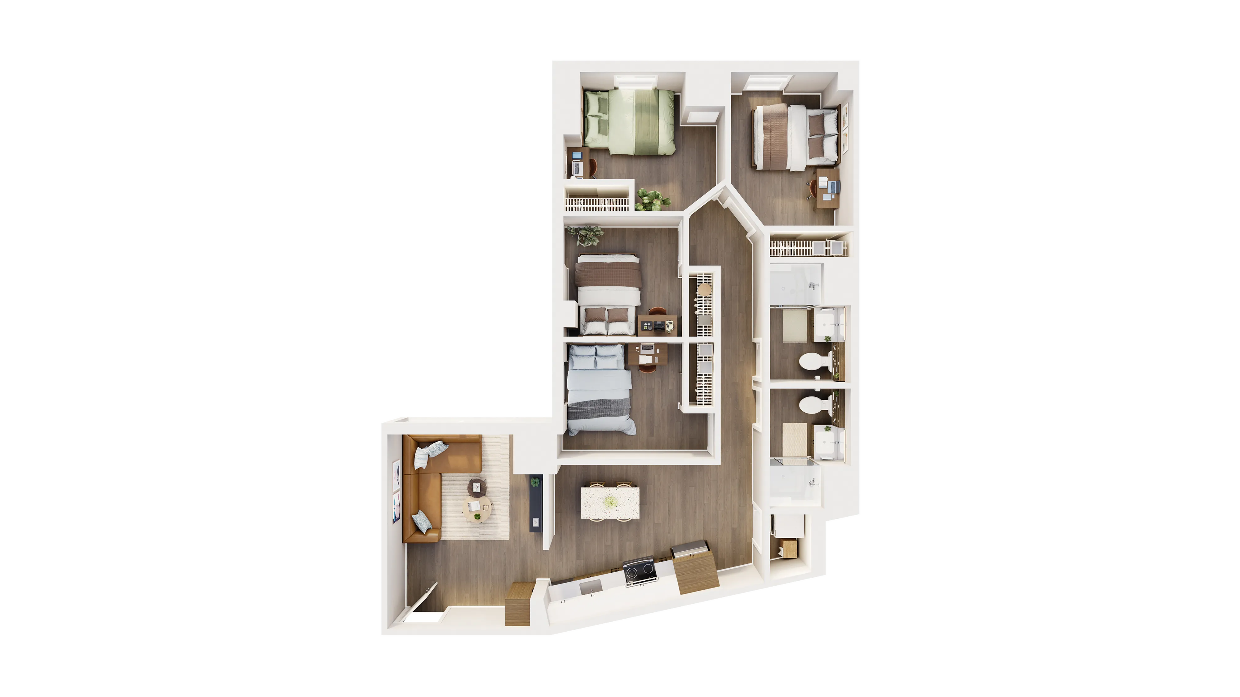 Modern 3D floor plan showcasing 3 bedrooms, a stylish open-concept kitchen, and a cozy living area with natural light.