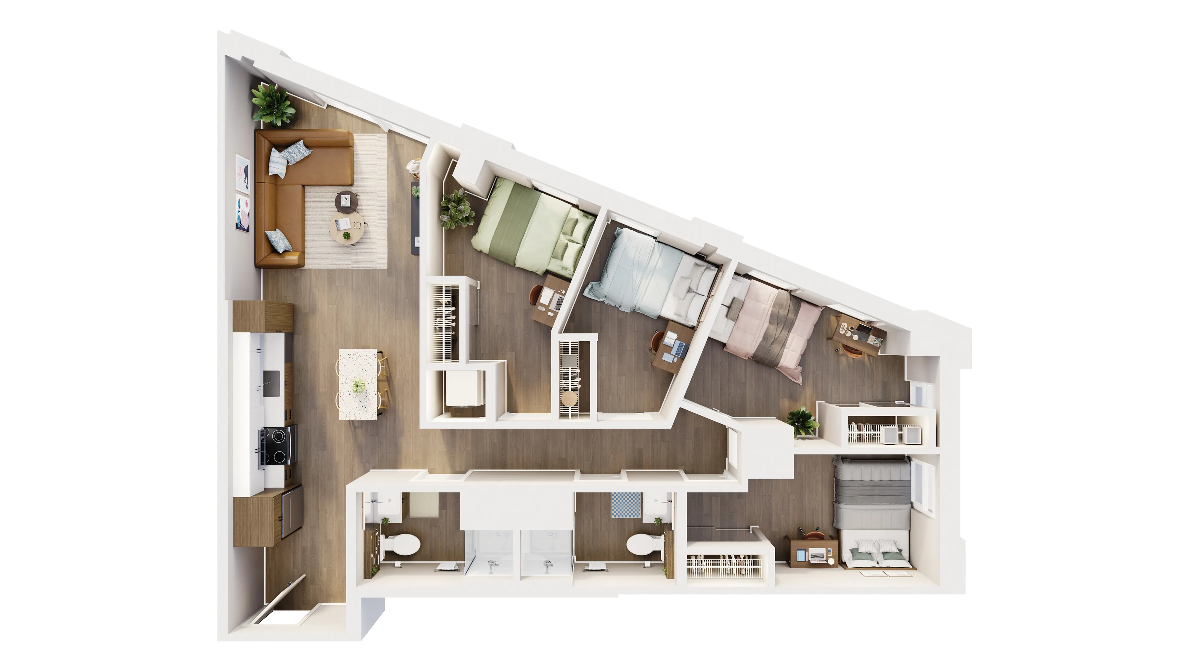 Modern 3D floor plan highlighting 3 cozy bedrooms, a chic open-concept living space with a corner sofa, and a sleek kitchen with a central island.