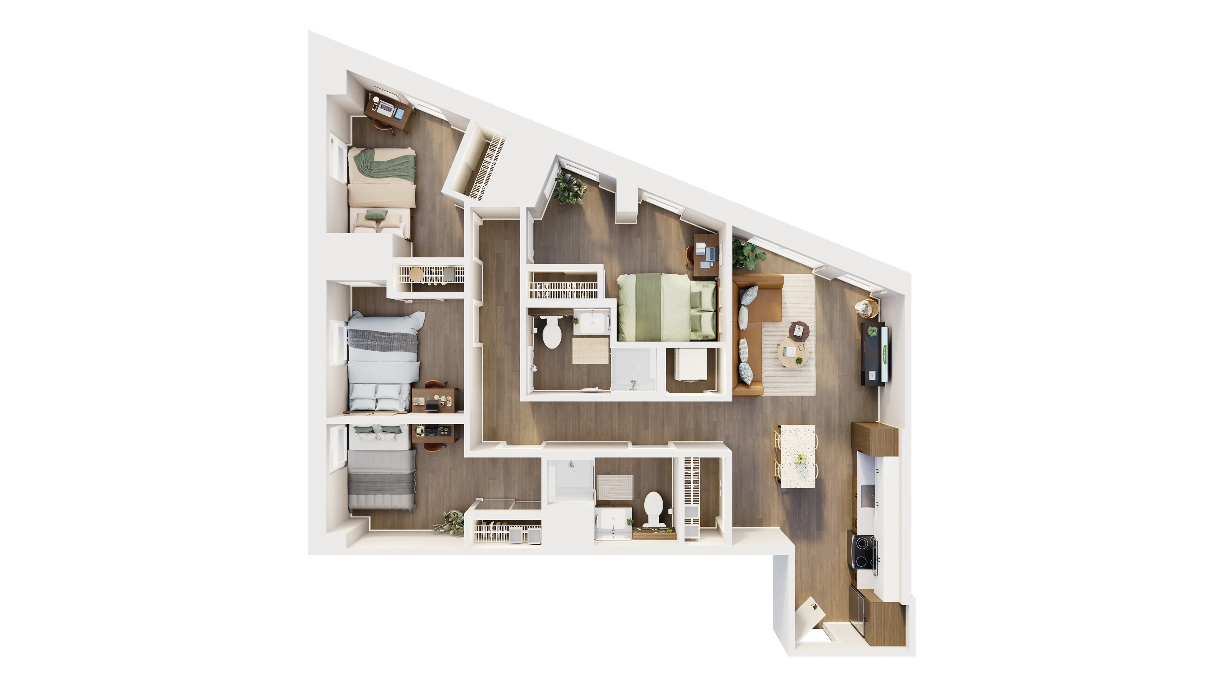 Modern 3D floor plan showcasing a sleek 3-bedroom apartment with contemporary furnishings, open living area, and a stylish kitchen.