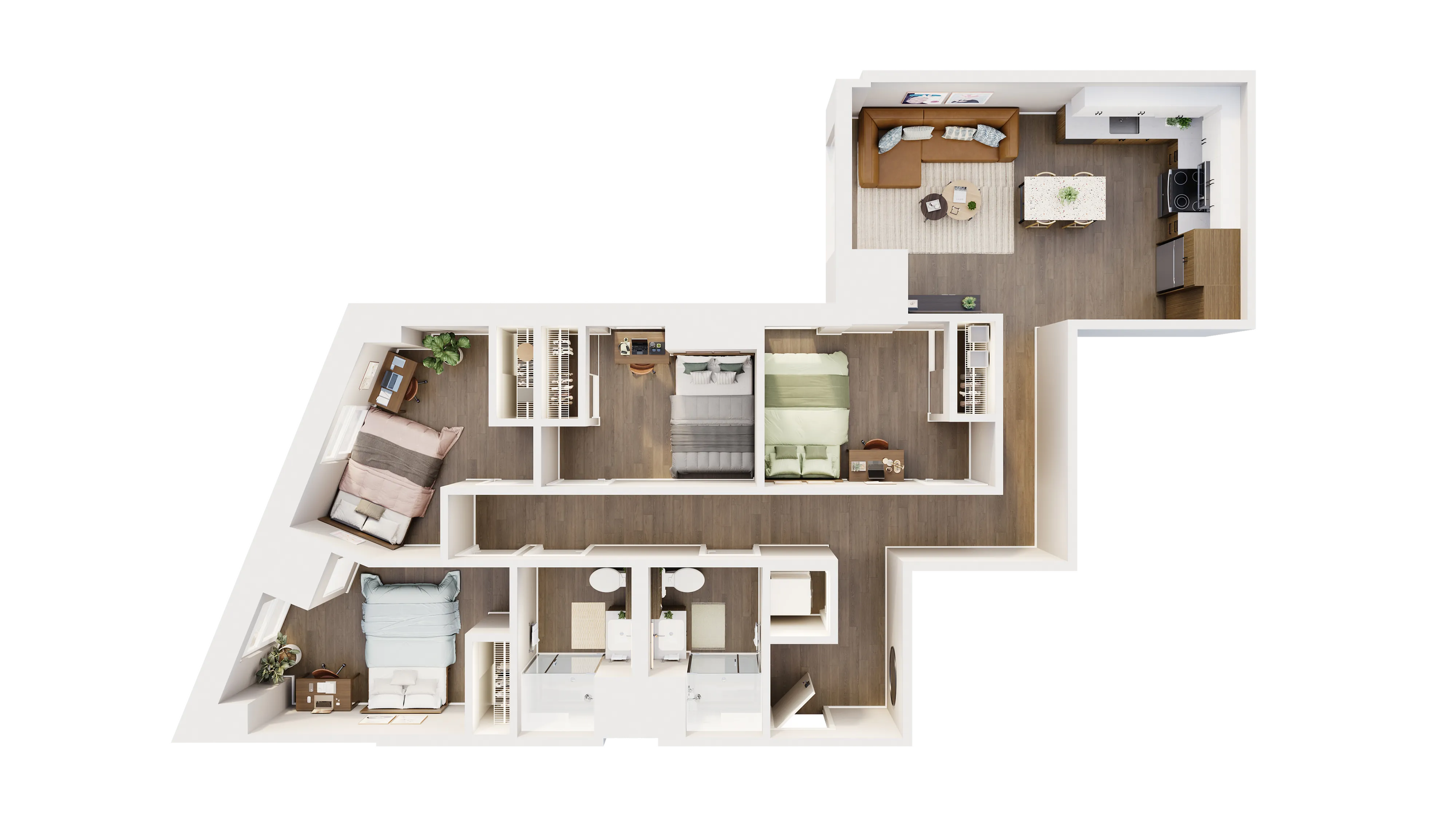 Elegant 3D floor plan showcasing 3 cozy bedrooms, an open living area, a modern kitchen, and 2 sleek bathrooms, featuring stylish interior design.